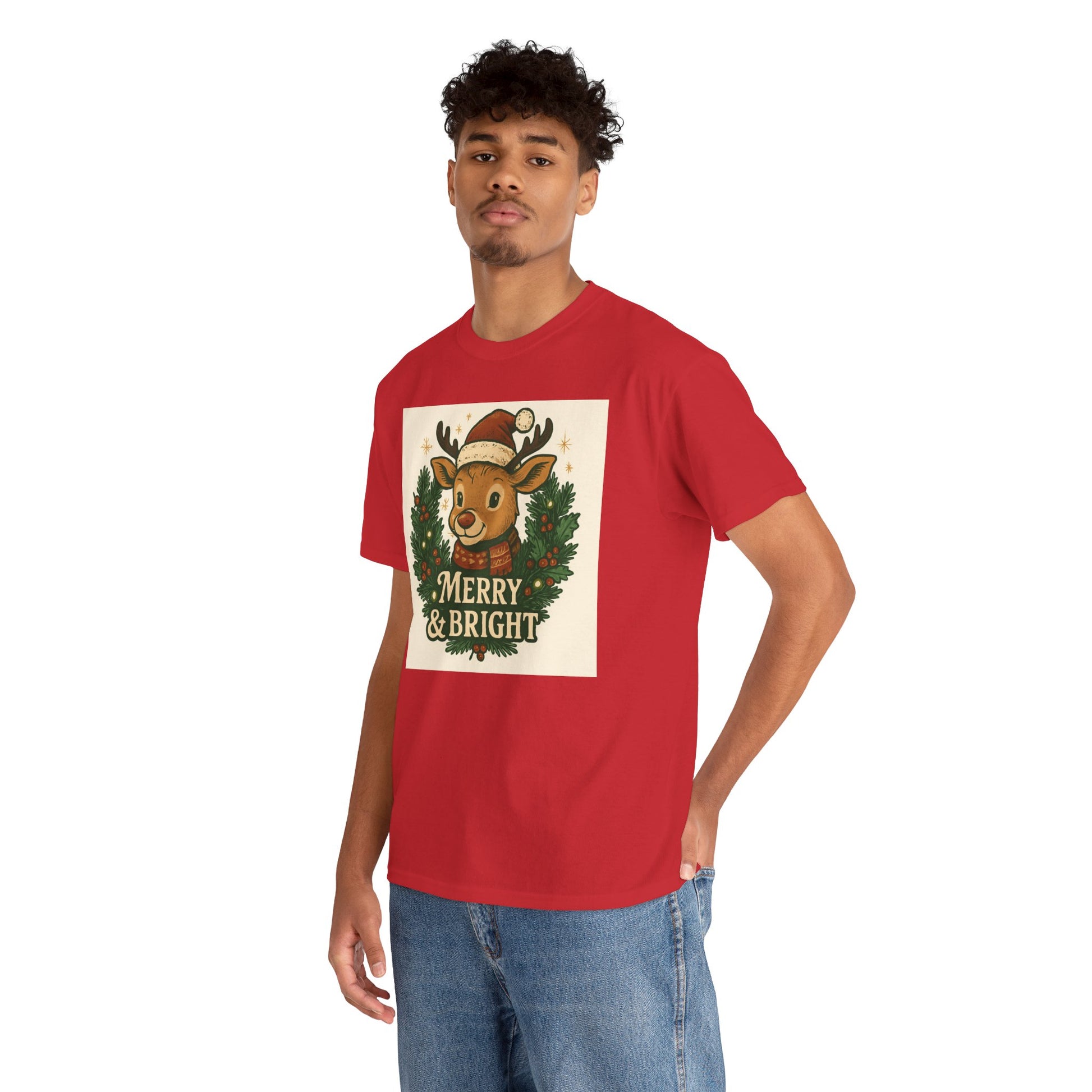Merry & Bright Reindeer Christmas T-Shirt Printify