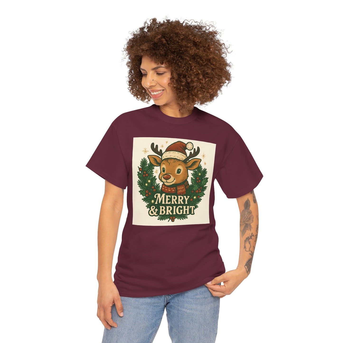 Merry & Bright Reindeer Christmas T-Shirt Printify