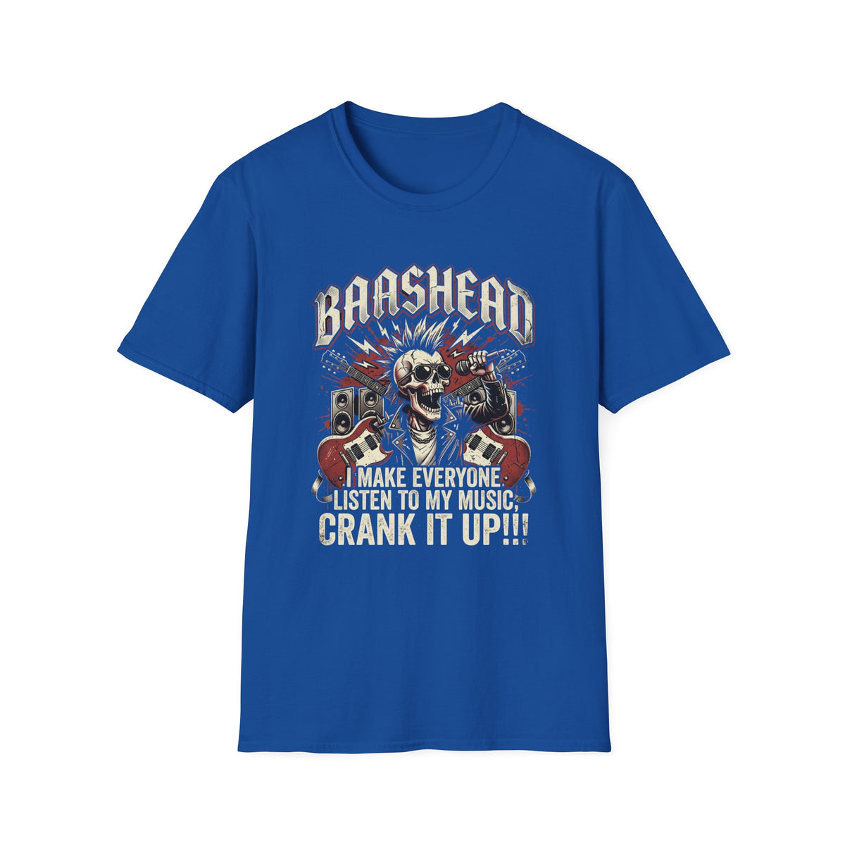 Basshead Skull T-Shirt — “I Make Everyone Listen to My Music, Crank It Up!” Guitar & Speaker Rock Tee