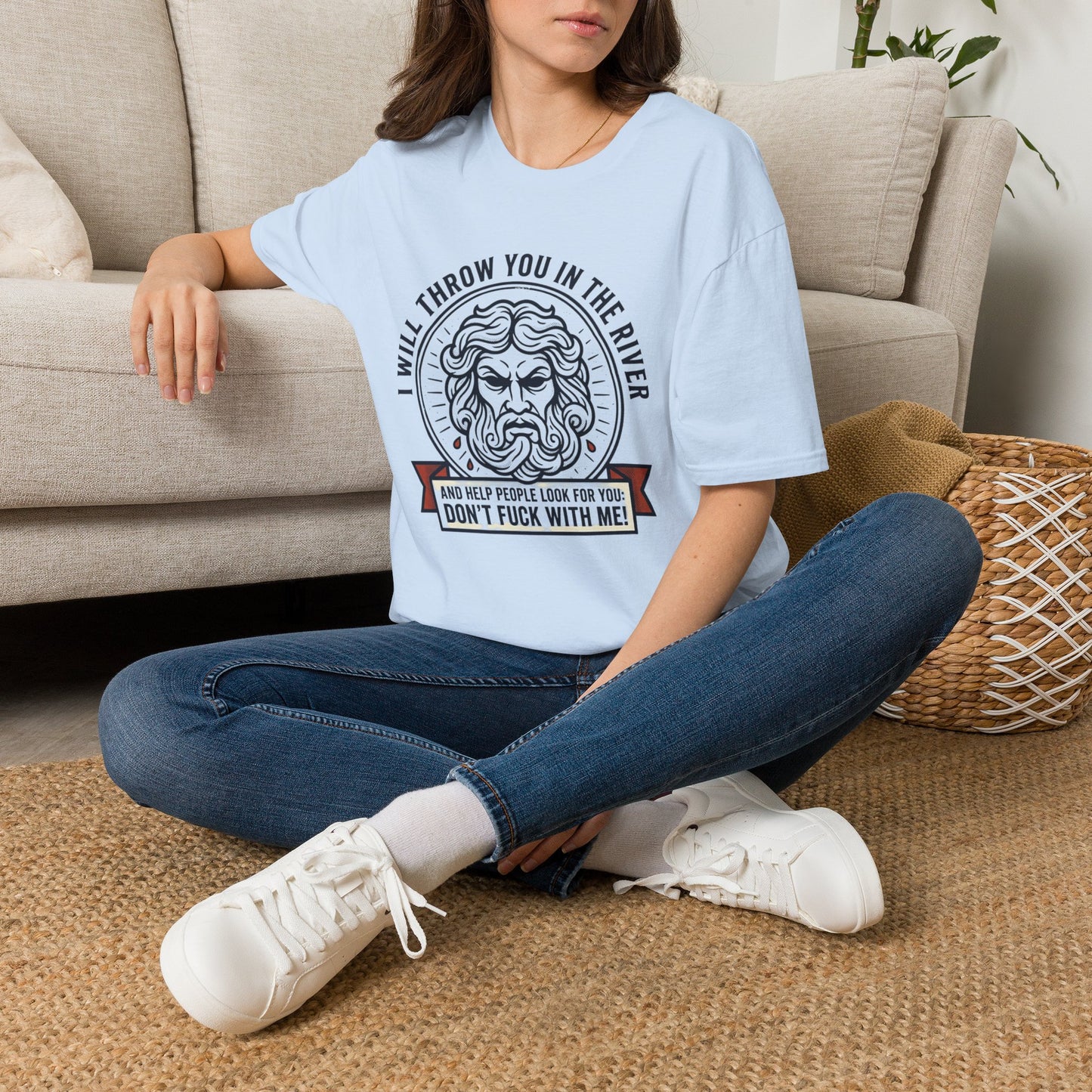 'I Will Throw You in the River' Bold Mythic Design-Graphic T-Shirt