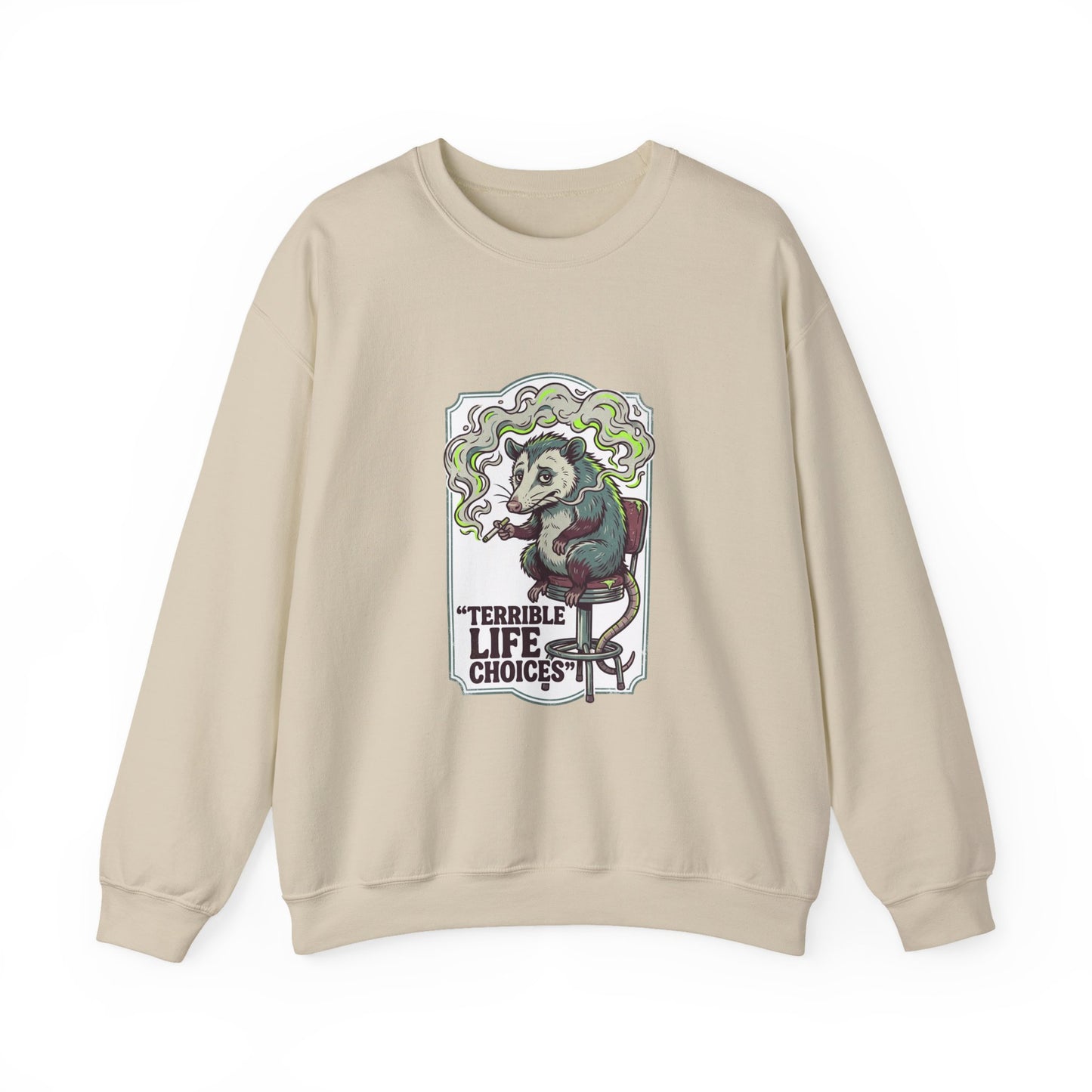 Terrible Life Choices opossum smoking sweatshirt | absurdist animal, ironic alt meme