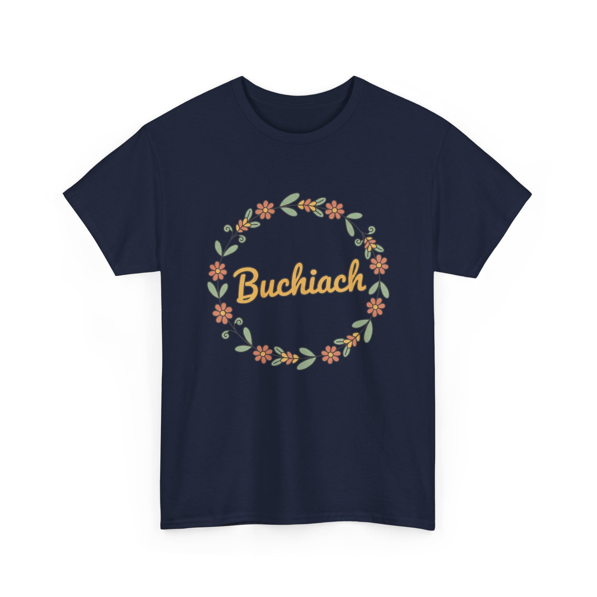 Buchiach Floral Wreath T-Shirt — Retro Script Garden Tee Printify
