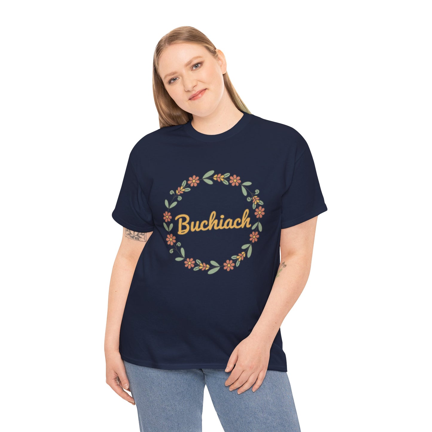 Buchiach Floral Wreath T-Shirt — Retro Script Garden Tee Printify
