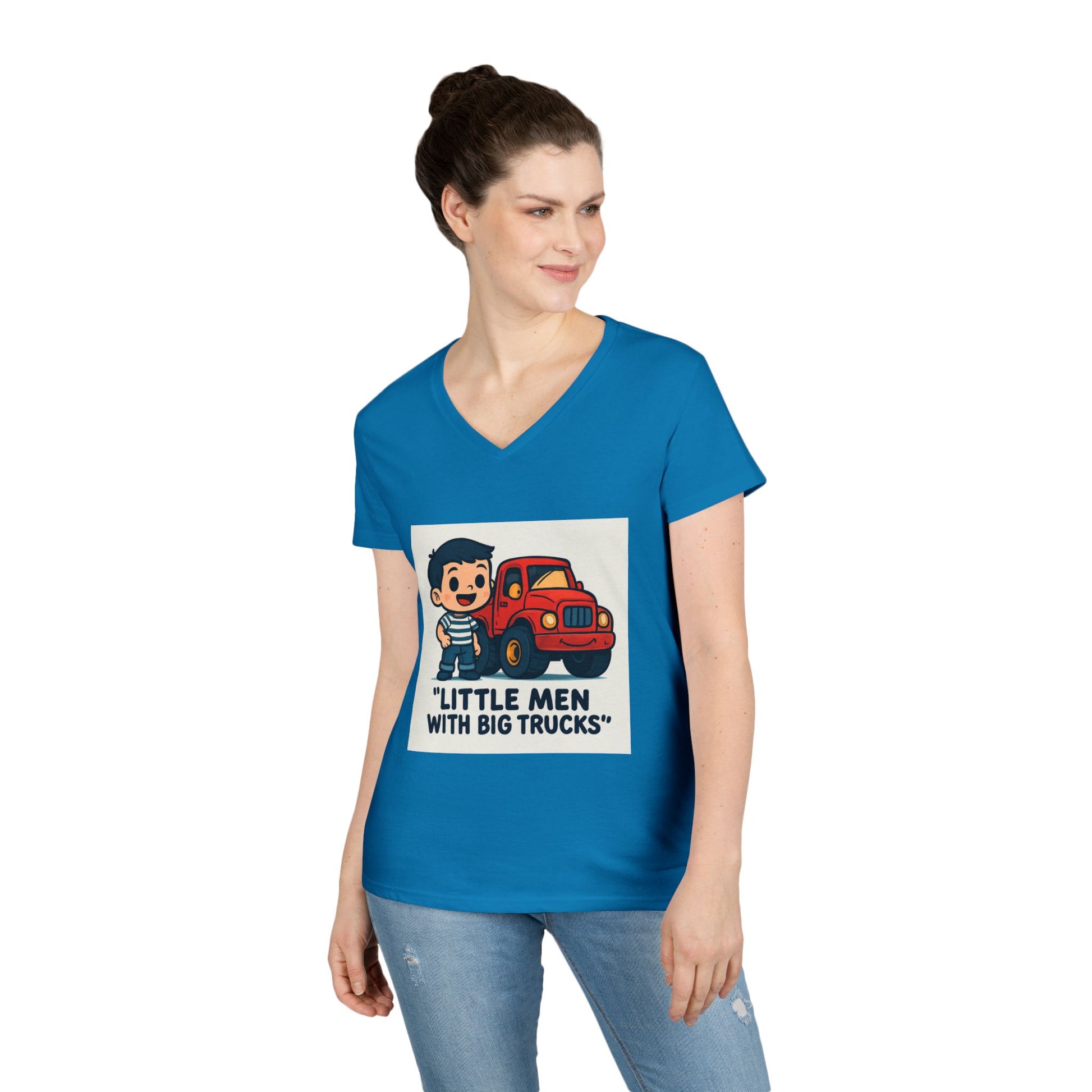 Ladies' V-Neck T-Shirt — "Little Men with Big Trucks" Cute Retro Truck Tee for Kids & Moms Printify