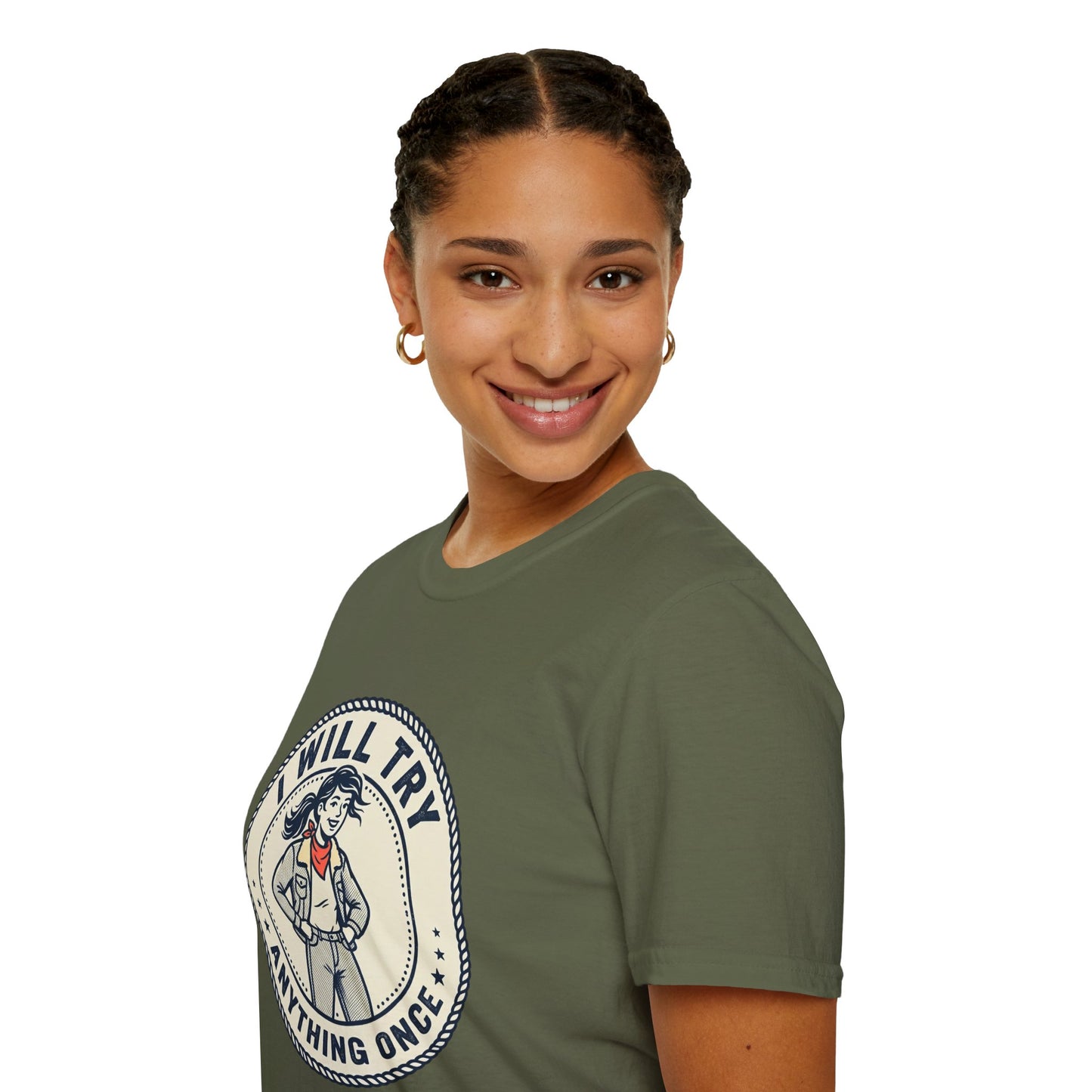 I Will Try Anything Once T-Shirt — Retro Adventurous Vintage Badge Tee