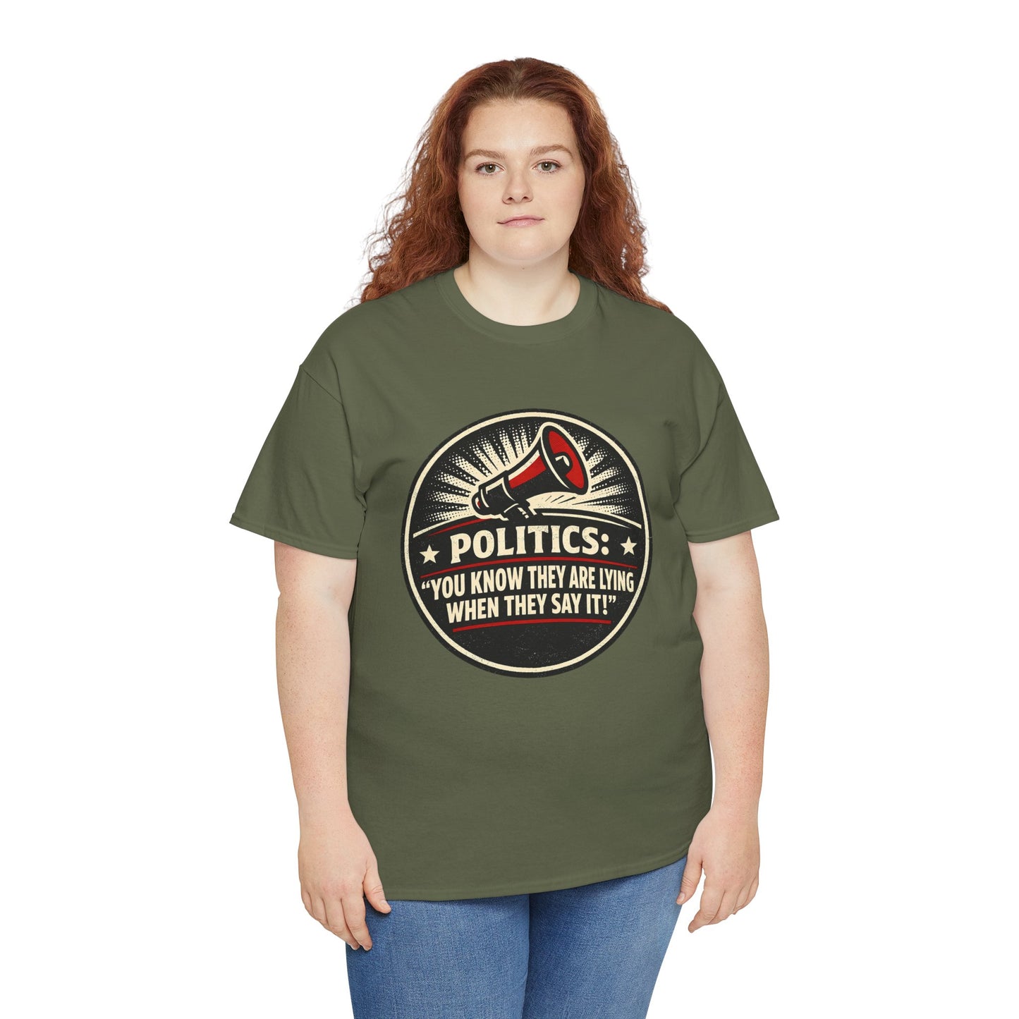 Political Satire T-Shirt — "Politics: You Know They Are Lying When They Say It" Retro Megaphone Tee