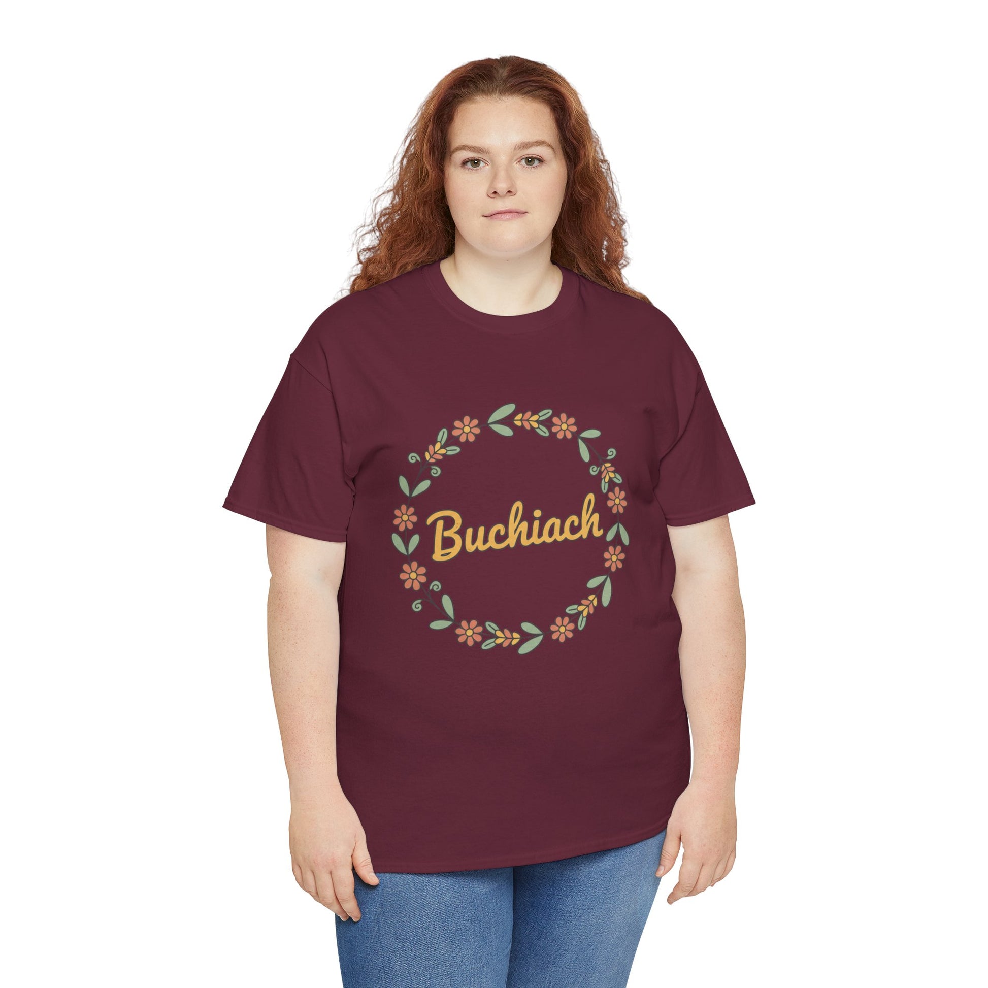 Buchiach Floral Wreath T-Shirt — Retro Script Garden Tee Printify