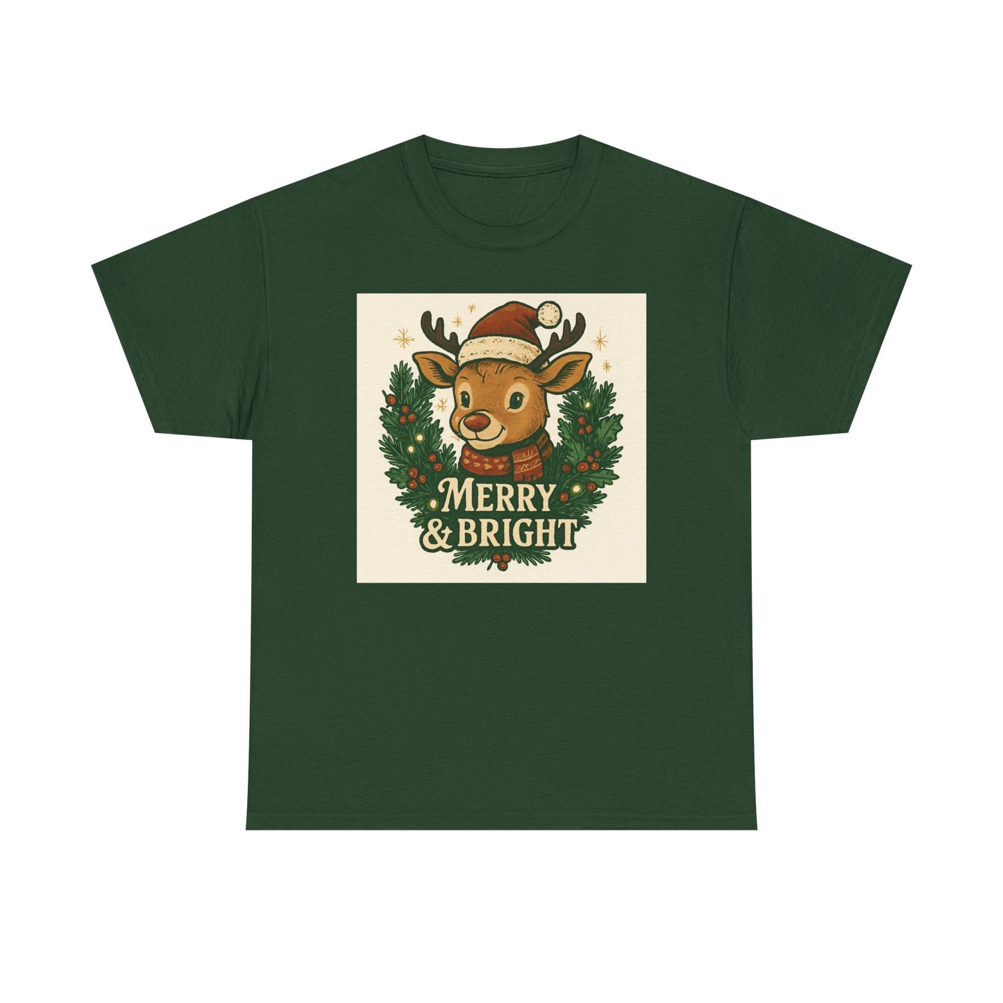 Merry & Bright Reindeer Christmas T-Shirt Printify