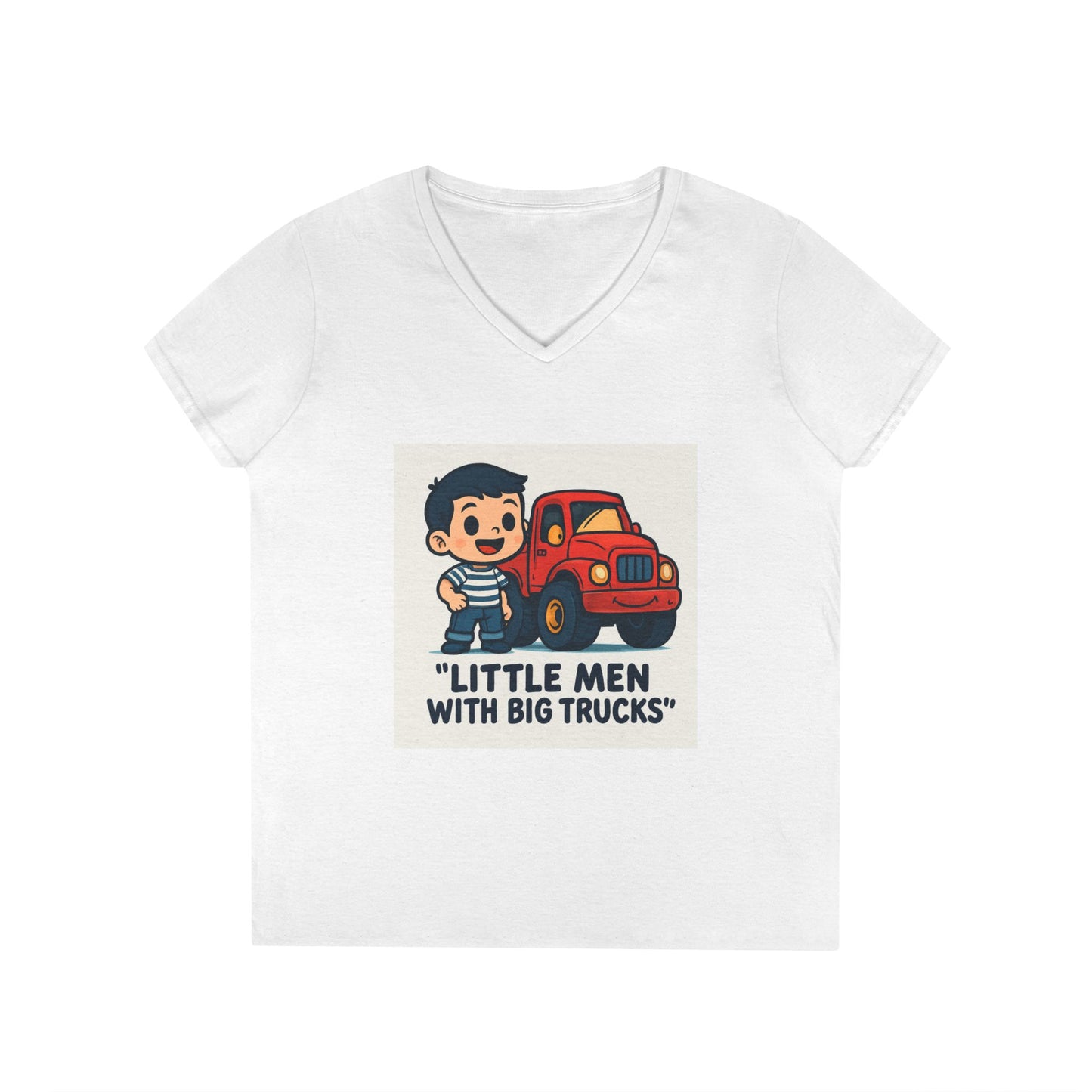 Ladies' V-Neck T-Shirt — "Little Men with Big Trucks" Cute Retro Truck Tee for Kids & Moms Printify