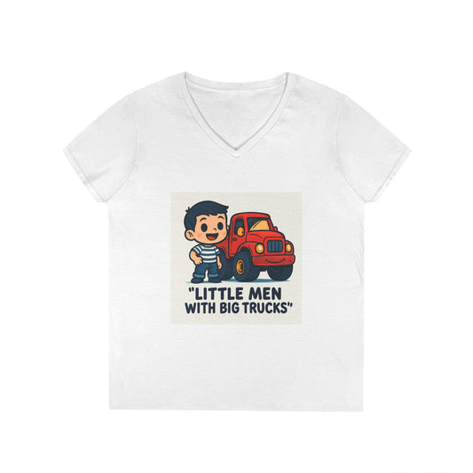 Ladies' V-Neck T-Shirt — "Little Men with Big Trucks" Cute Retro Truck Tee for Kids & Moms