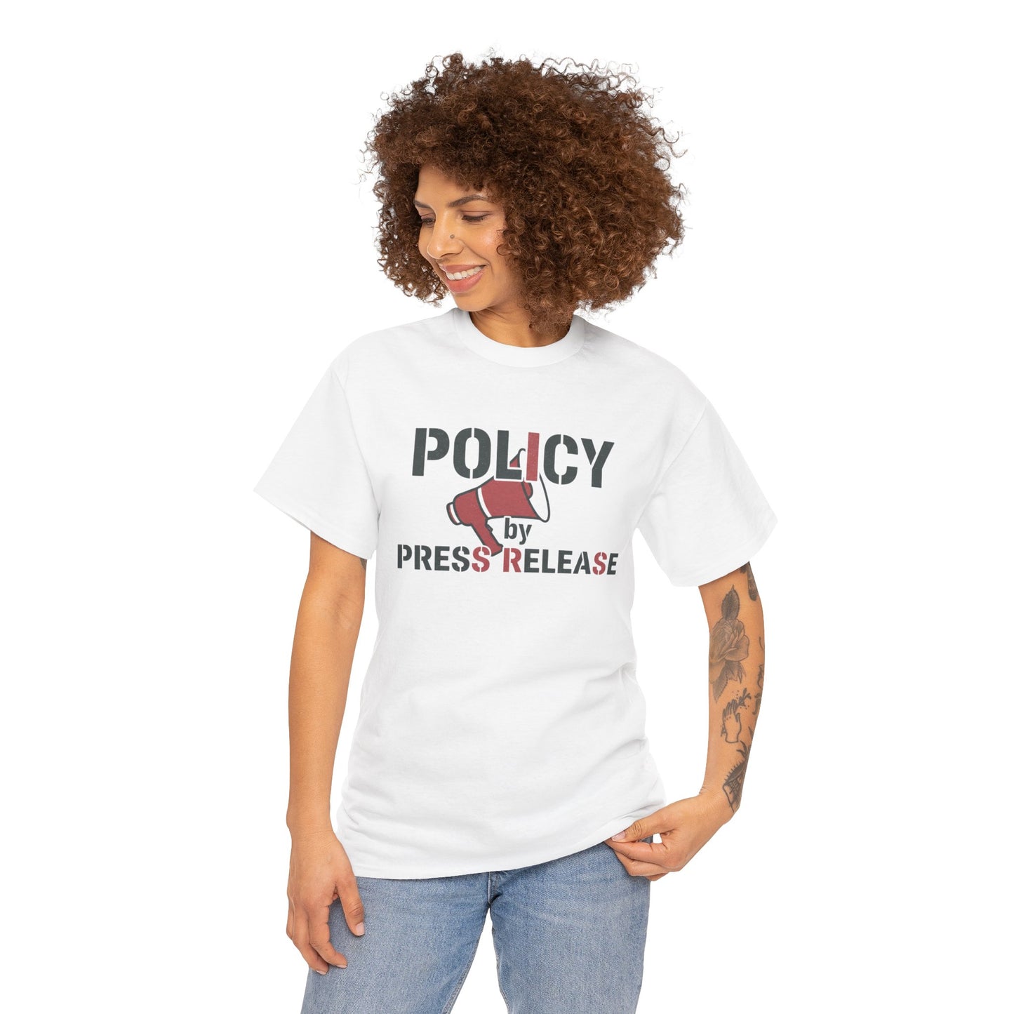 Policy by Press Release Tee — Political Satire Graphic T‑Shirt Printify