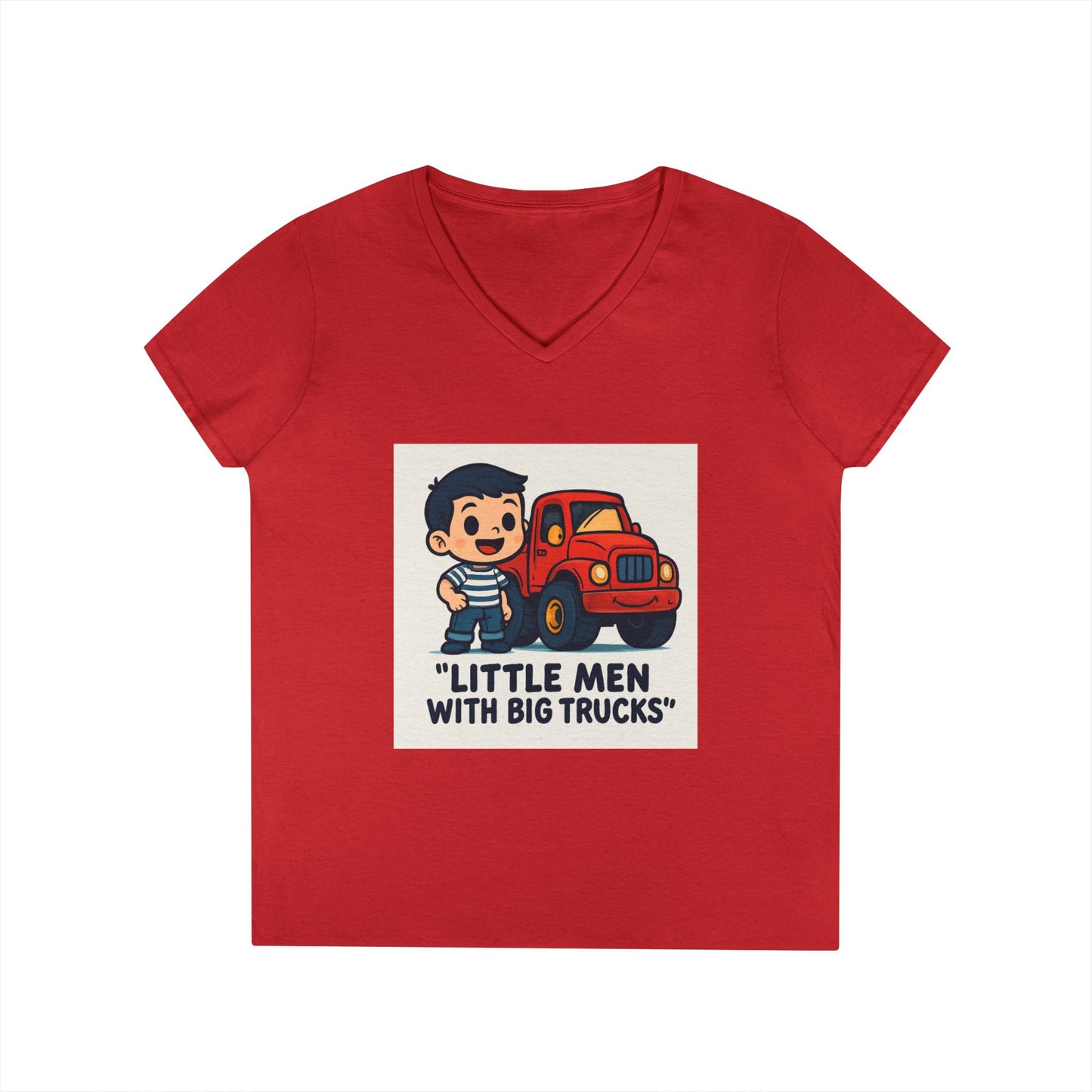 Ladies' V-Neck T-Shirt — "Little Men with Big Trucks" Cute Retro Truck Tee for Kids & Moms Printify