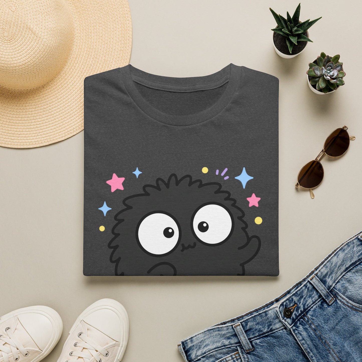 Cute Black Fuzzball T-Shirt — Kawaii Monster Tee with Stars