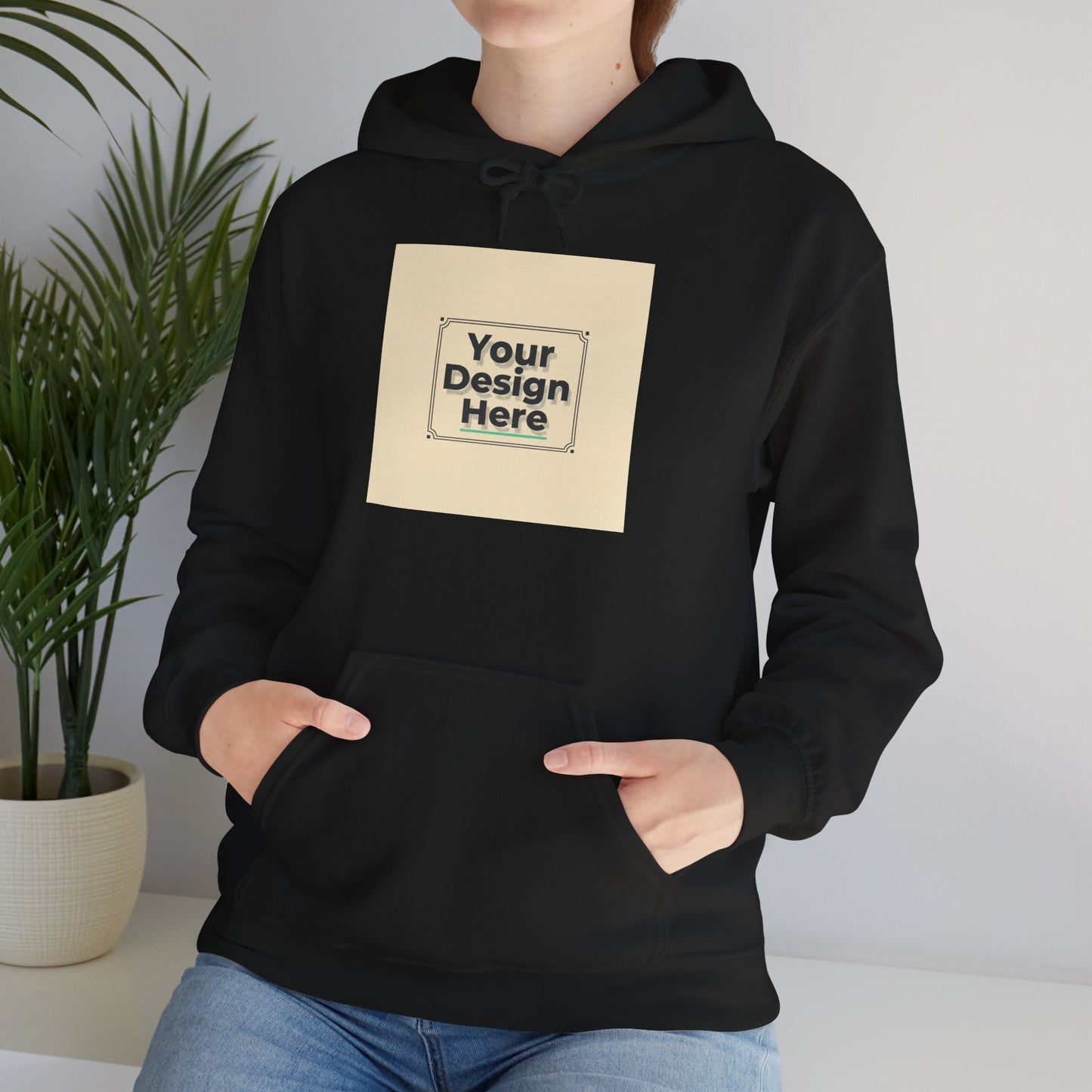 Custom Classic White Hoodie with Centered Square Design Mockup Printify