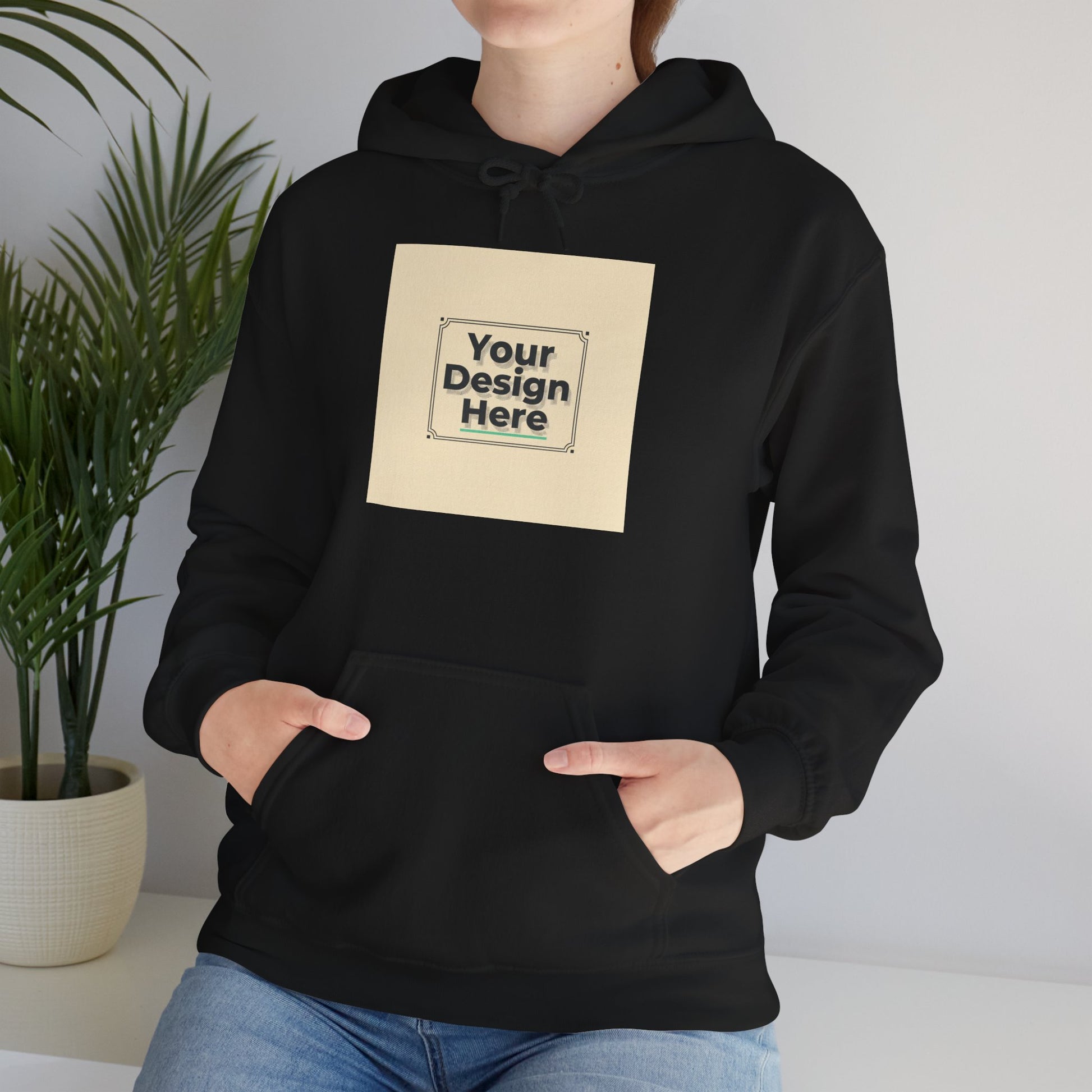 Custom Classic White Hoodie with Centered Square Design Mockup Printify