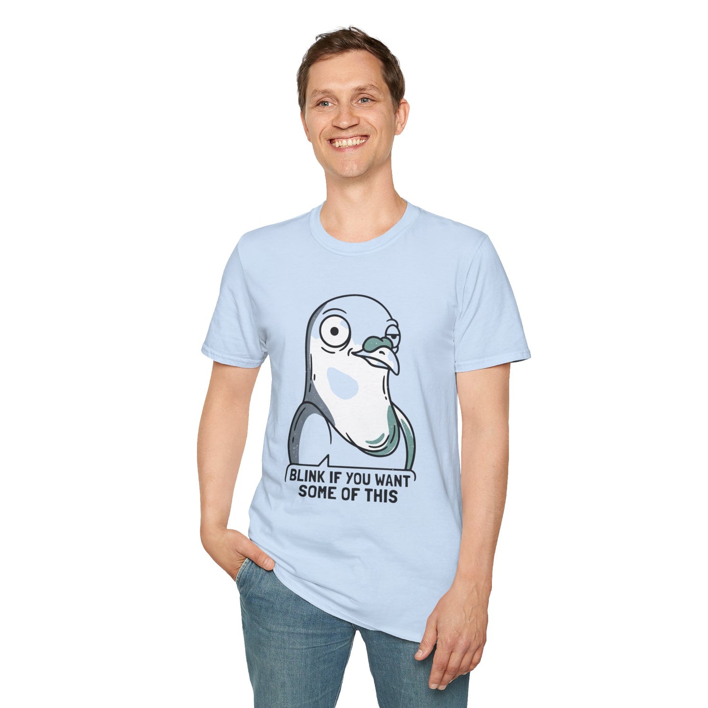 Pigeon Meme T‑Shirt — “Blink If You Want Some Of This” Funny Graphic Tee