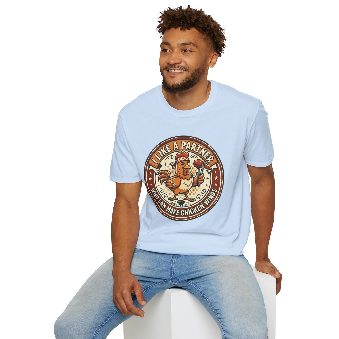 Funny Chicken Wings T-Shirt — "I Like A Partner Who Can Make Chicken Wings" Crew Tee
