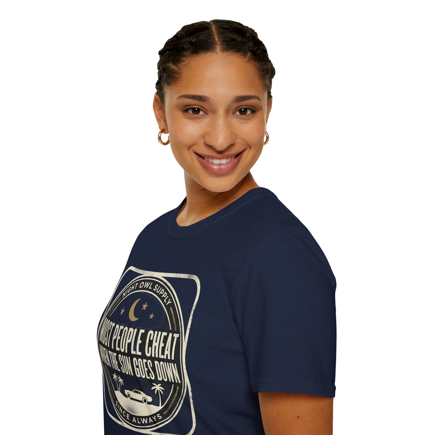 “Most People Cheat When The Sun Goes Down” Vintage Graphic Tee-Night Owl T-Shirt