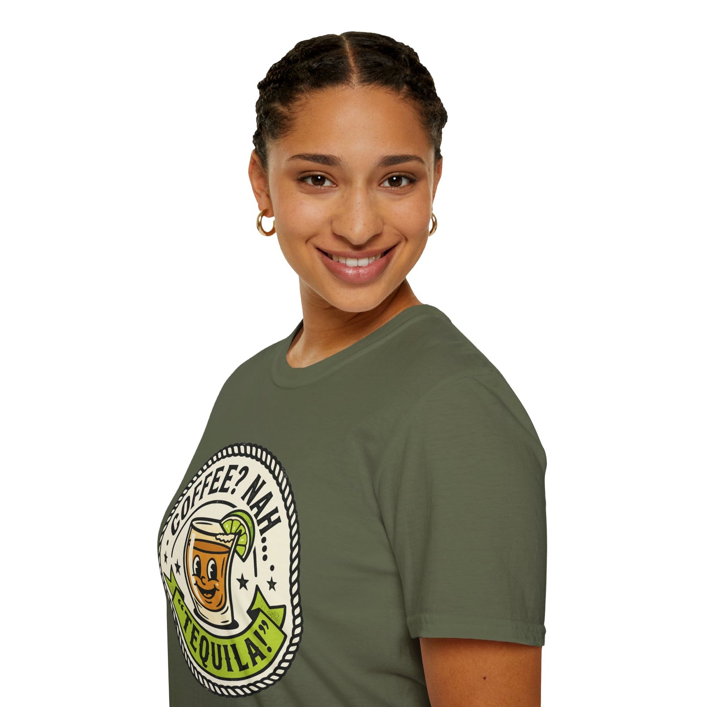 Coffee? Nah, Tequila! T-Shirt – Funny Shot Glass Graphic Tee for Party Lovers