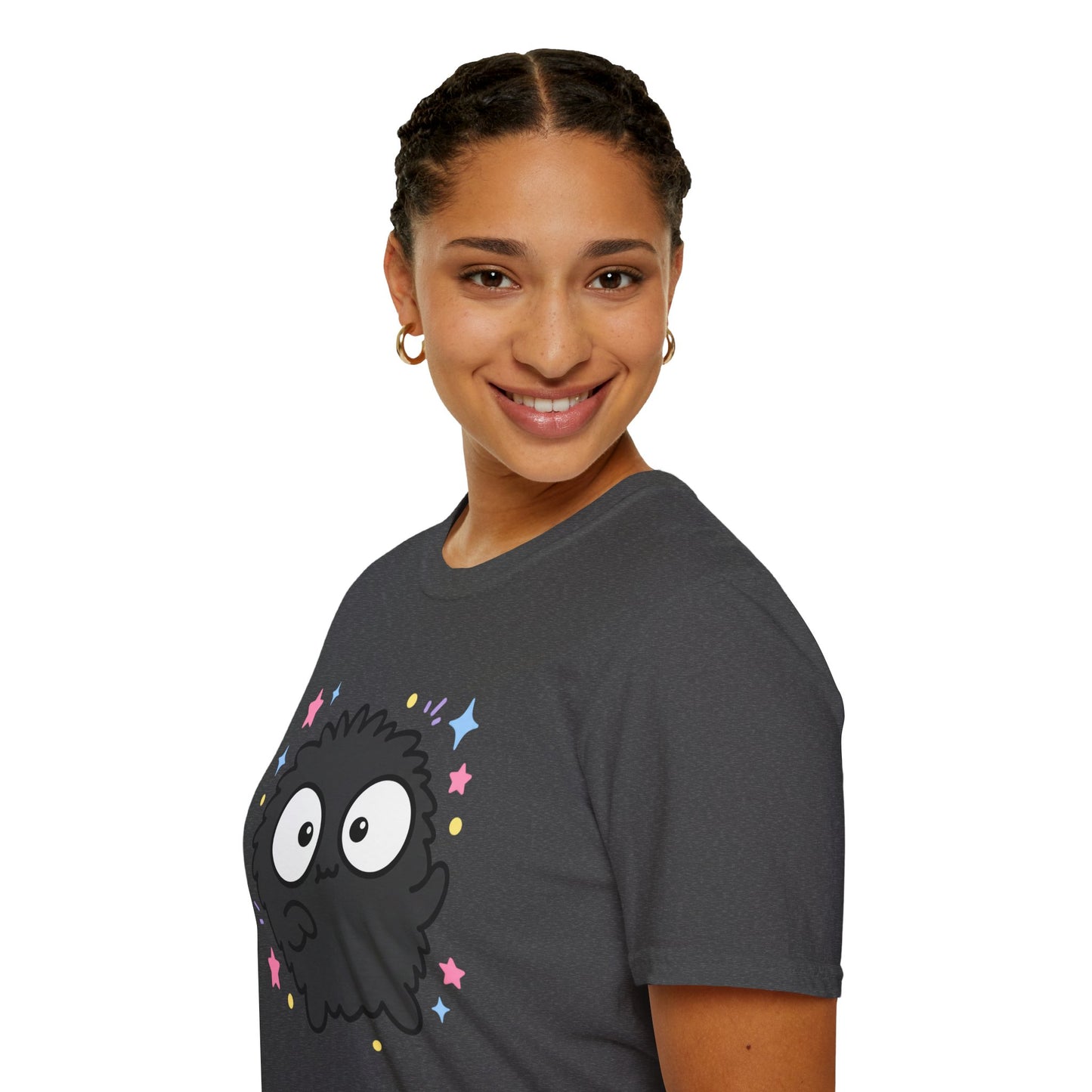 Cute Black Fuzzball T-Shirt — Kawaii Monster Tee with Stars