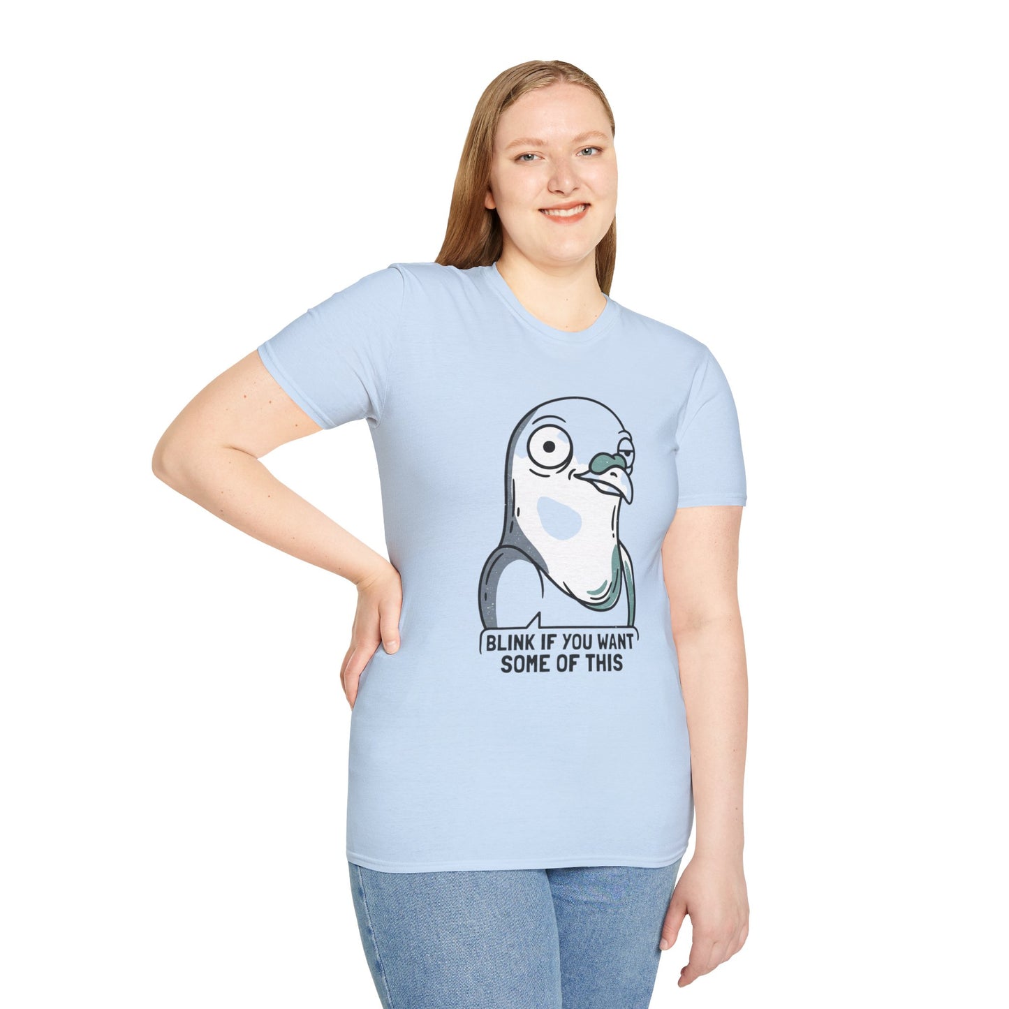 Pigeon Meme T‑Shirt — “Blink If You Want Some Of This” Funny Graphic Tee