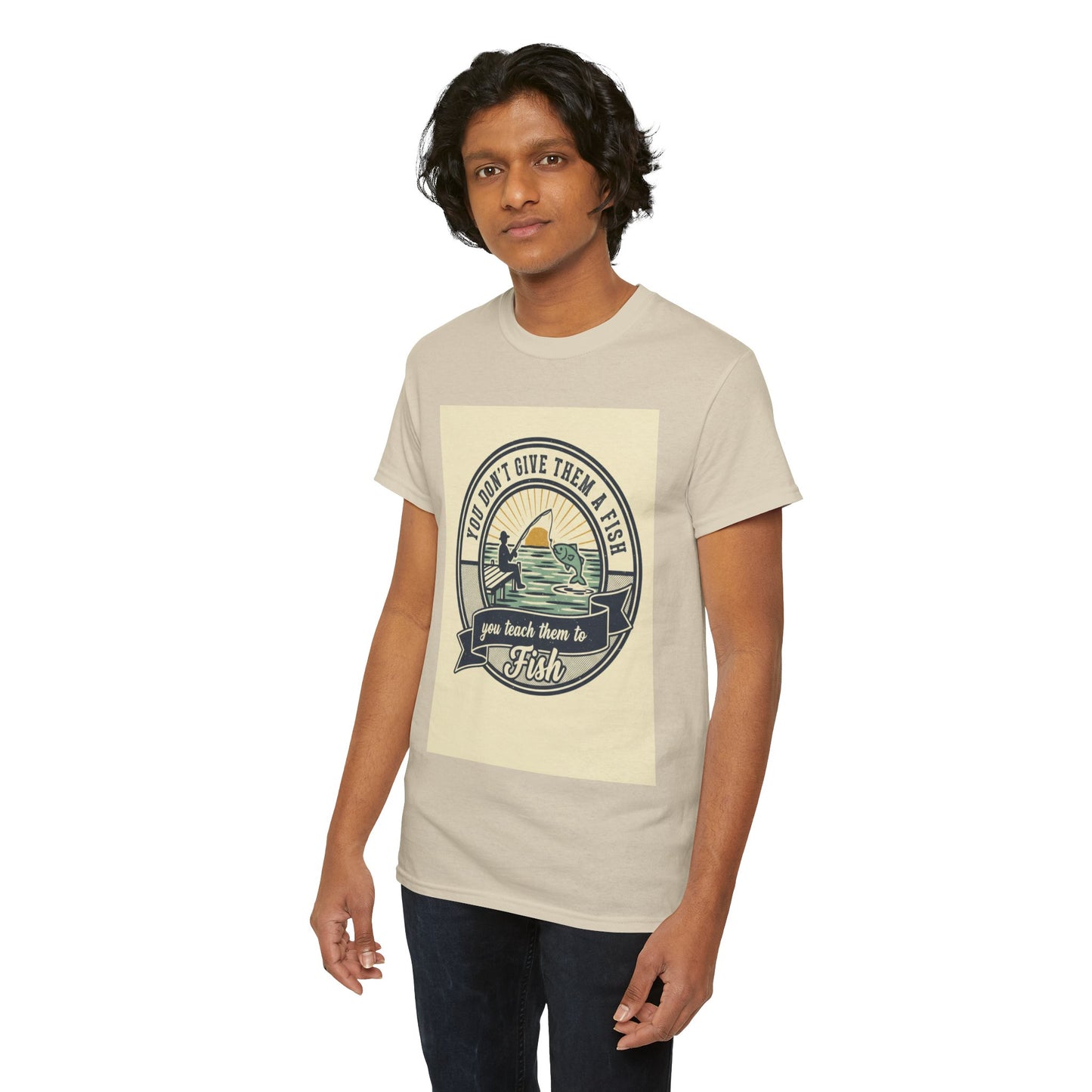 Fishing Vintage Badge T-Shirt — "You Don’t Give Them a Fish, You Teach Them to Fish" Graphic Tee