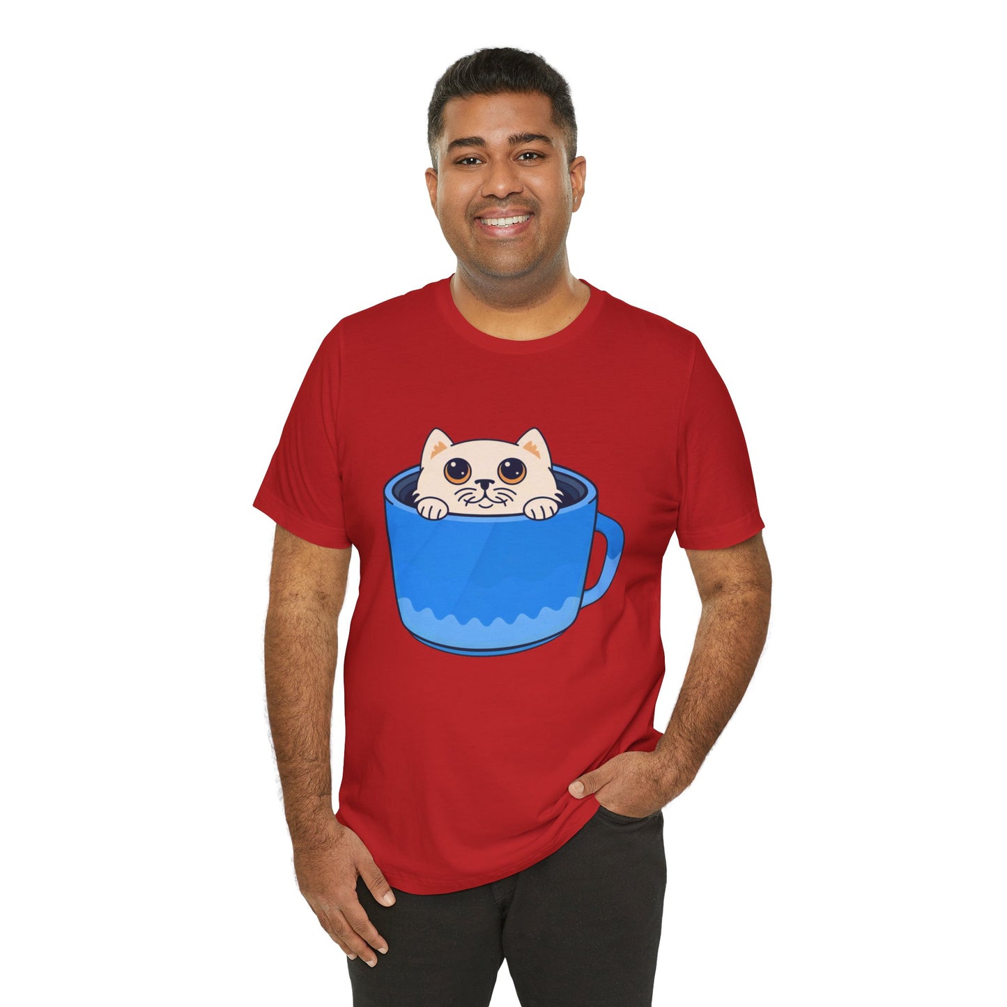 Cat in a Blue Mug T‑Shirt — Cute Kawaii Kitten Tee