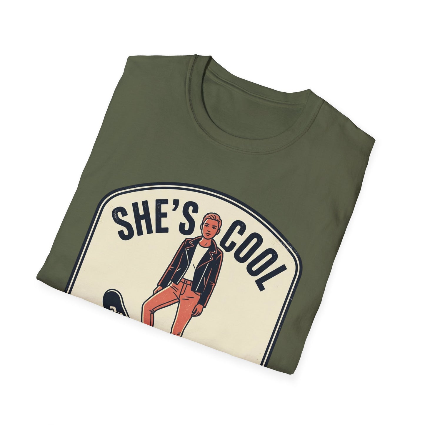 She's Cool Skateboarder T-Shirt — "She's Cool, She Can Ride On It" Retro Graphic Tee