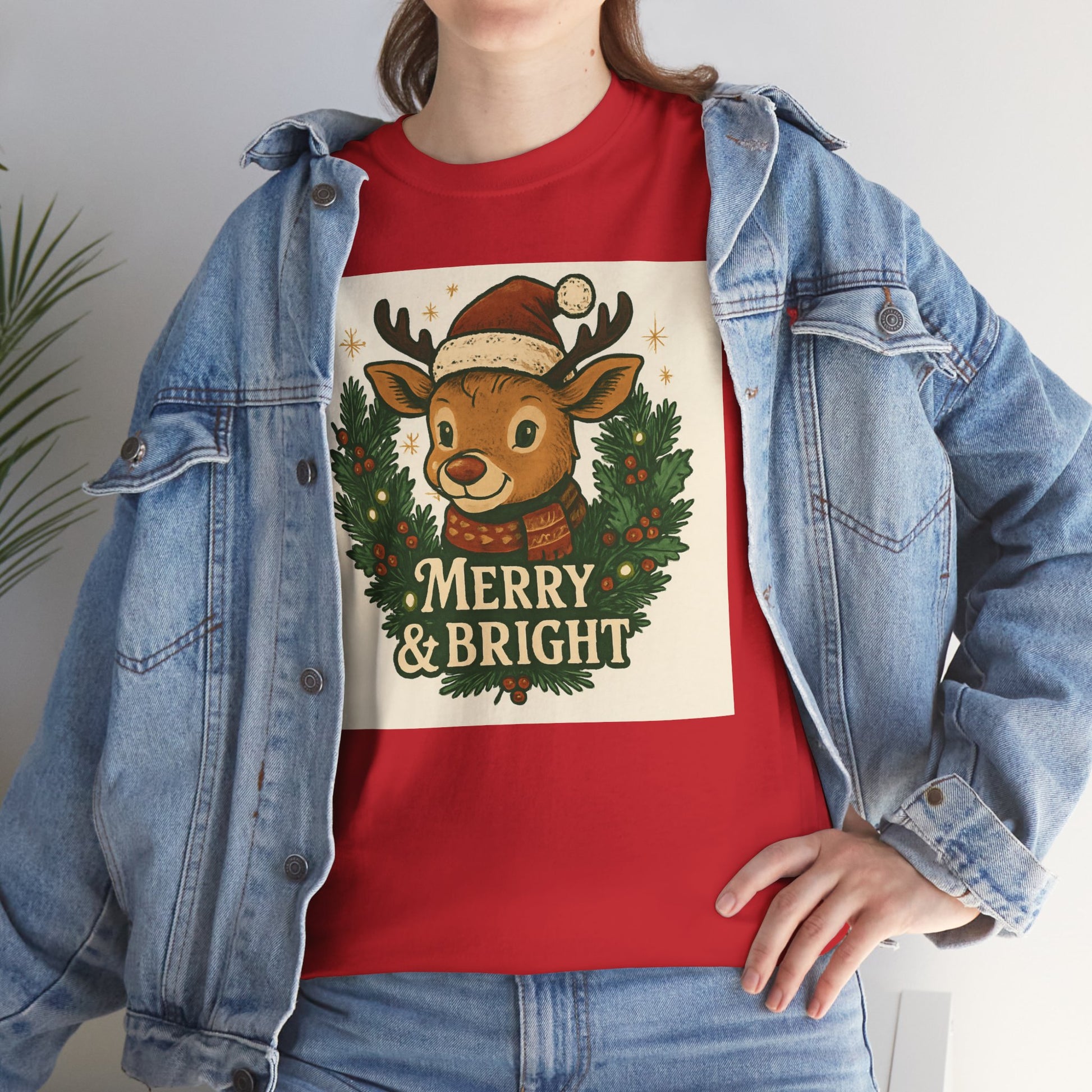Merry & Bright Reindeer Christmas T-Shirt Printify
