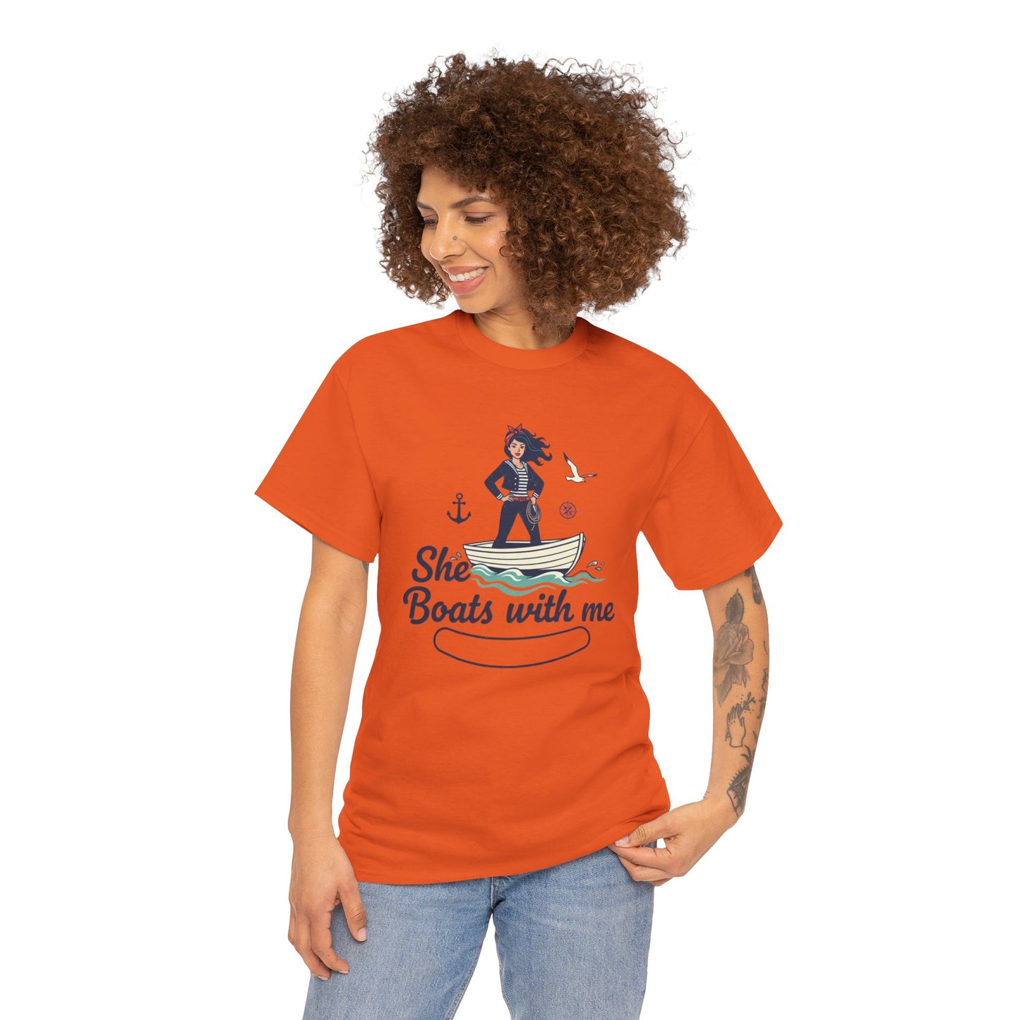T-Shirt — "She Boats With Me" Nautical Couple Tee Printify
