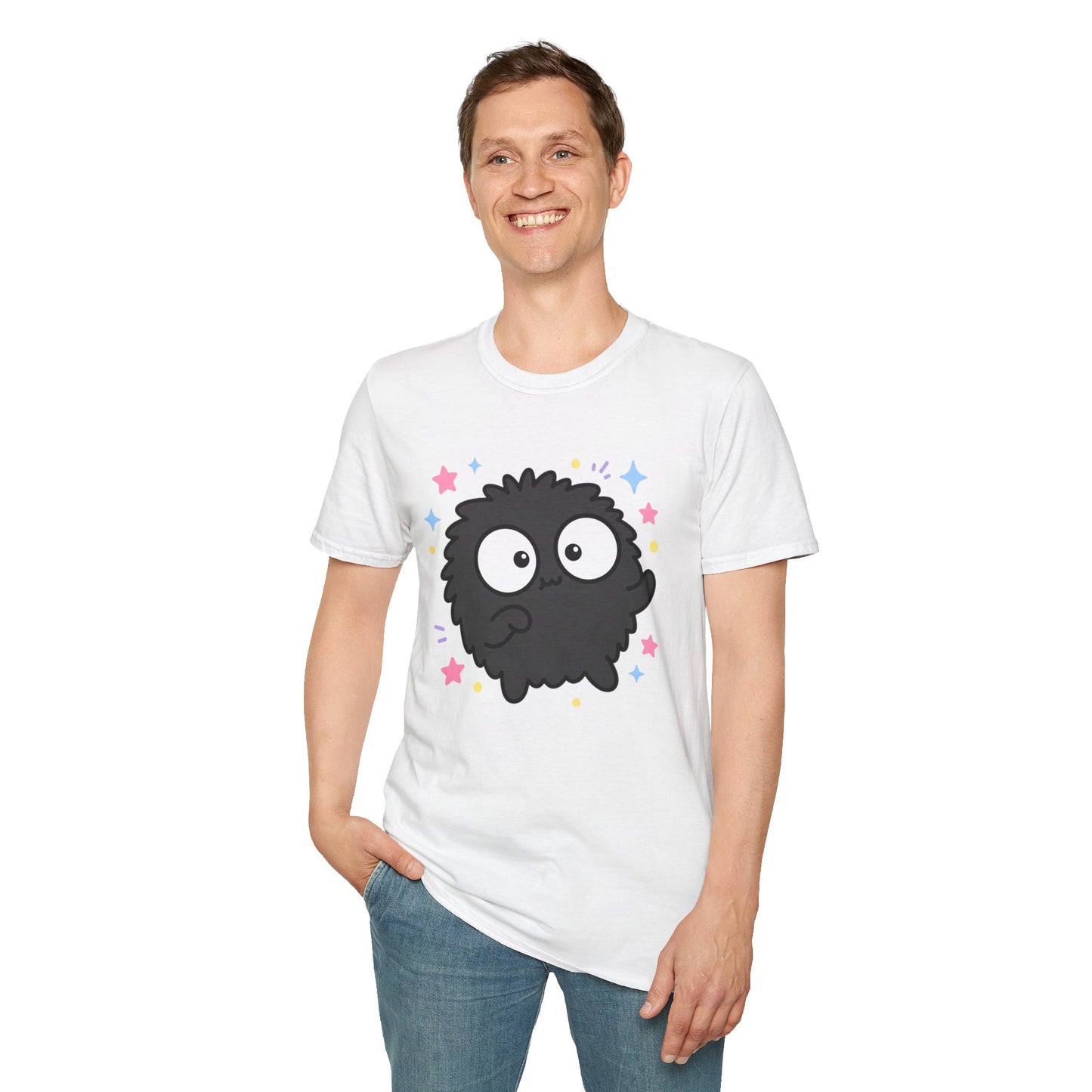 Cute Black Fuzzball T-Shirt — Kawaii Monster Tee with Stars