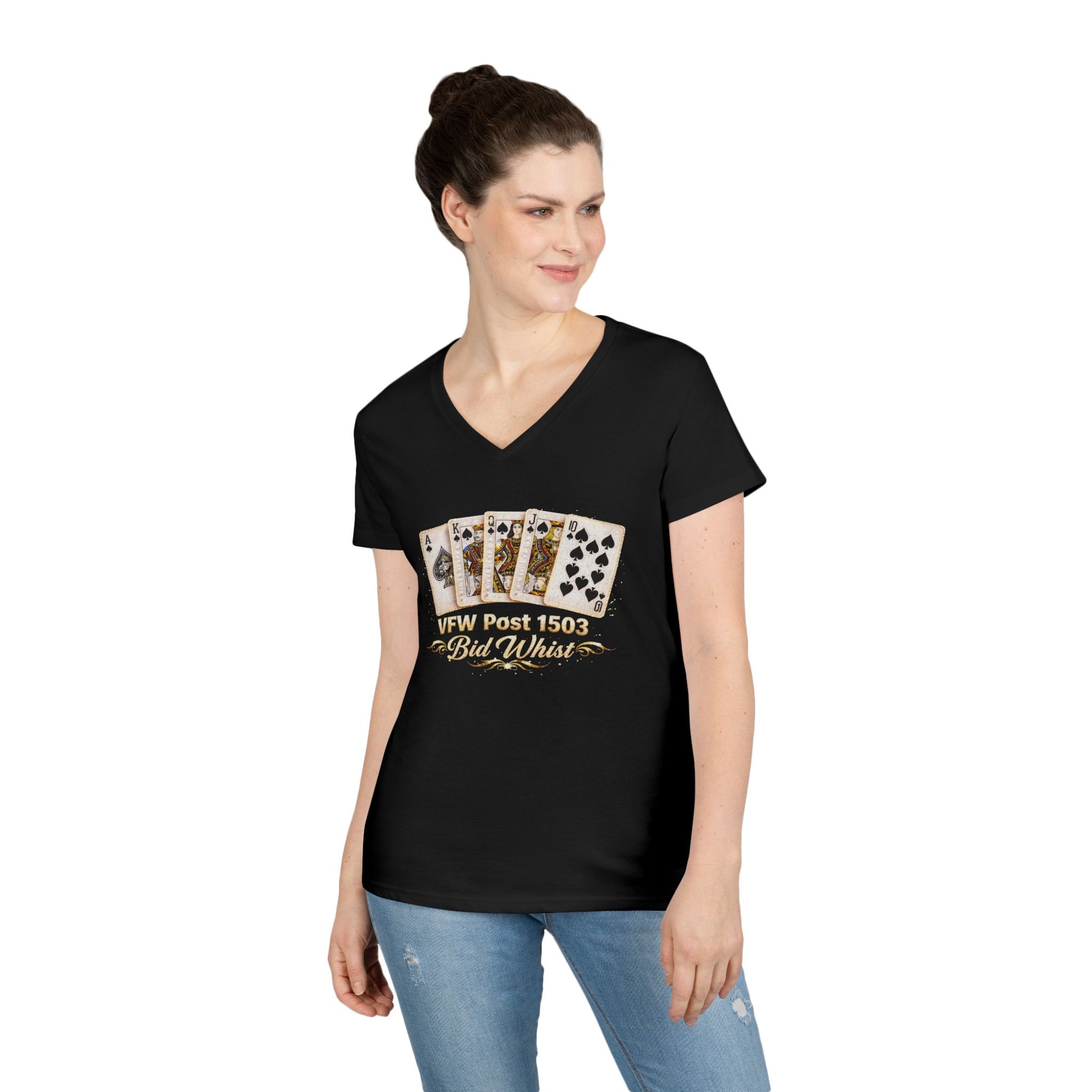 Ladies' V-Neck T-Shirt — Vintage Playing Cards "VFW Post 1503" Graphic Printify