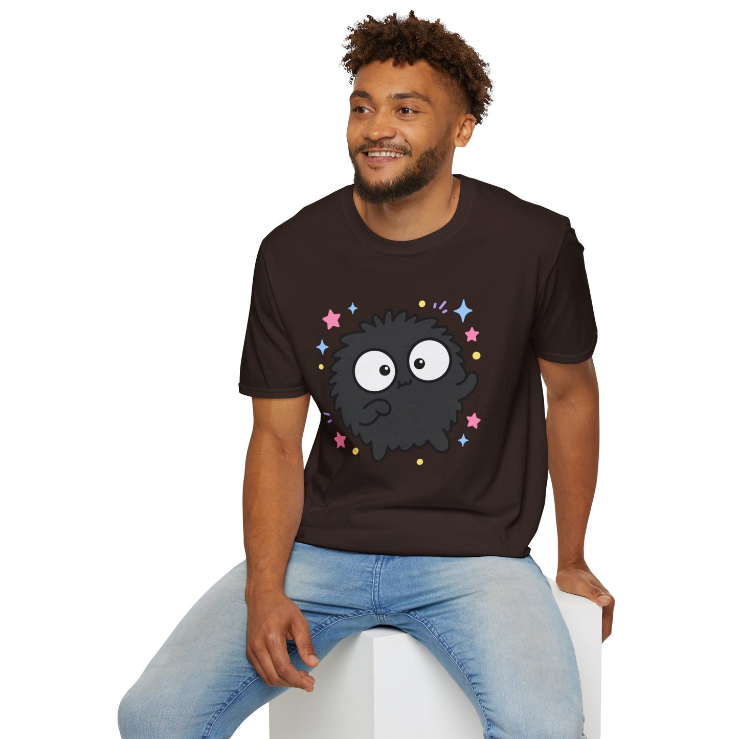 Cute Black Fuzzball T-Shirt — Kawaii Monster Tee with Stars