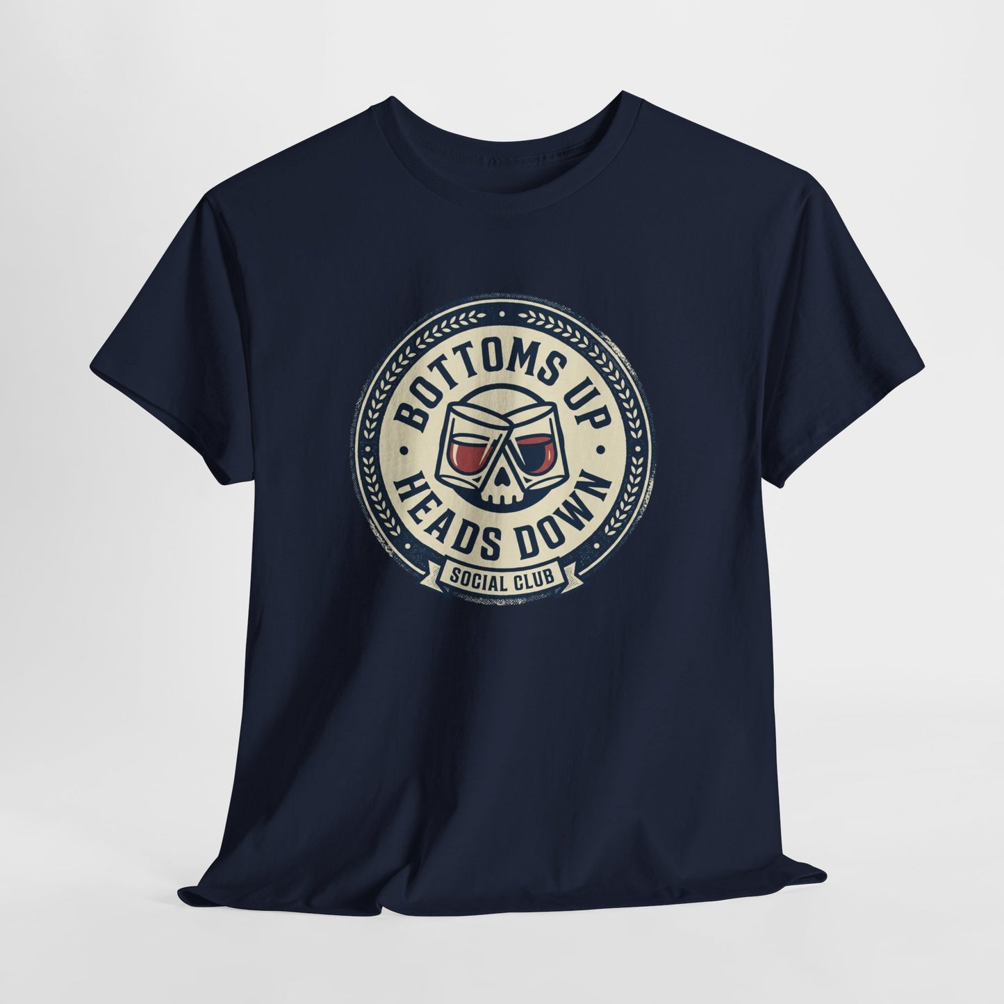 "Bottoms Up Heads Down" Skull Beer Logo Tee