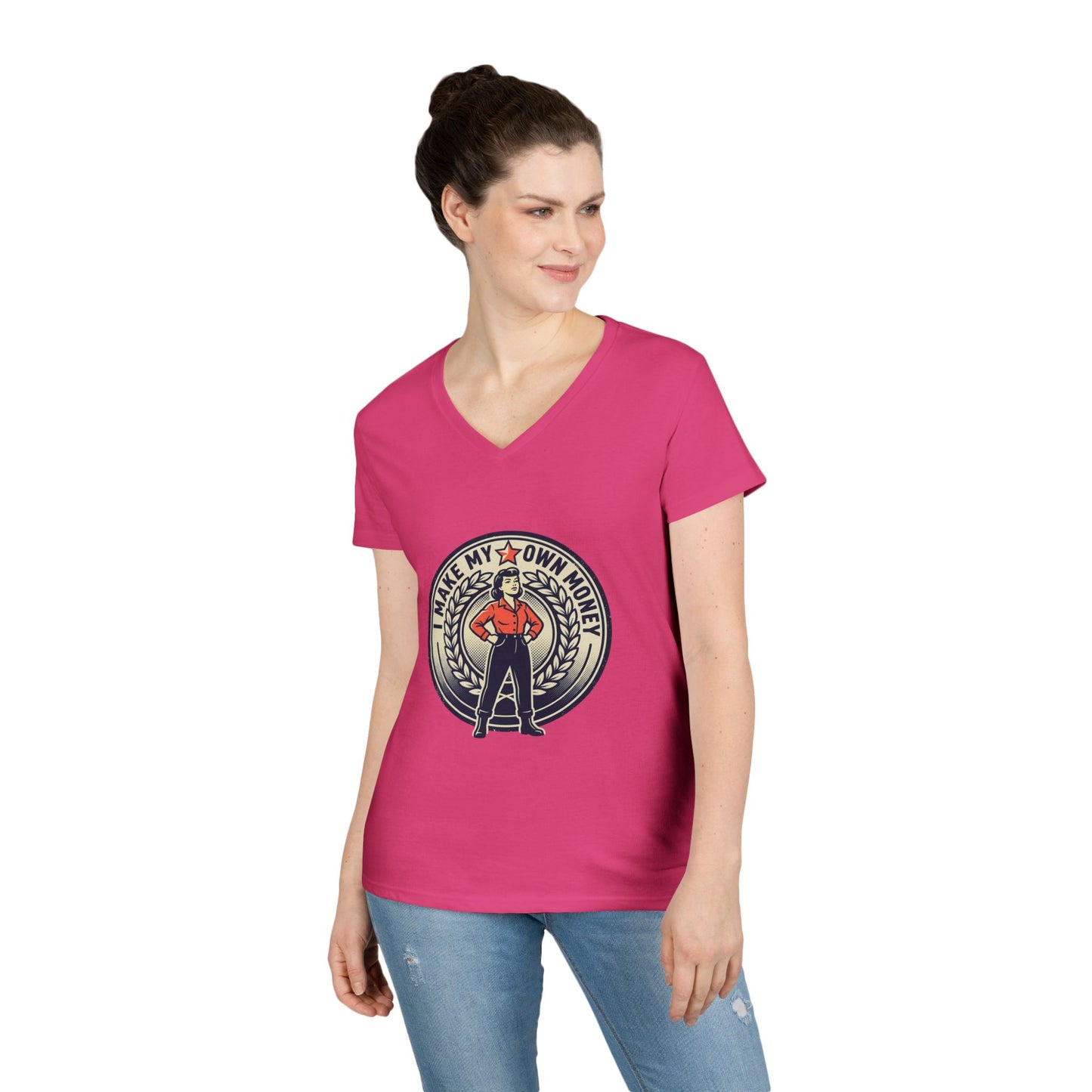 Ladies' V-Neck T-Shirt — "I Make My Own Money" Empowered Retro Worker Graphic Tee