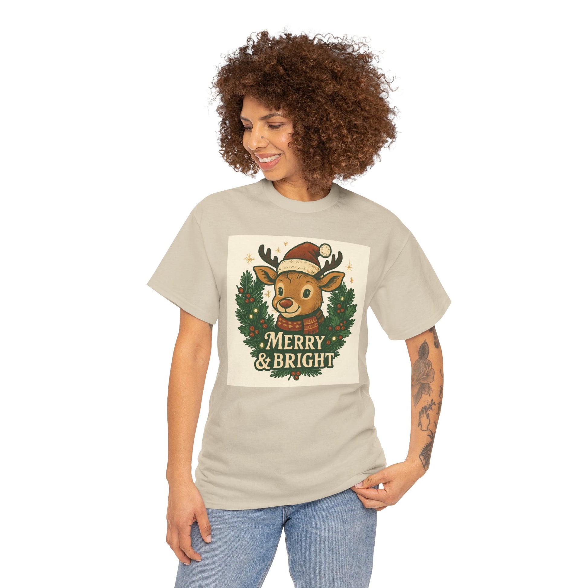 Merry & Bright Reindeer Christmas T-Shirt Printify