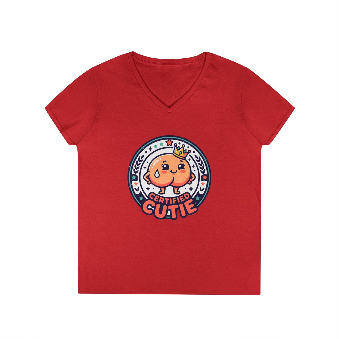 Certified Cutie V-Neck T-Shirt — Cute Cartoon Badge Graphic Tee for Women Printify