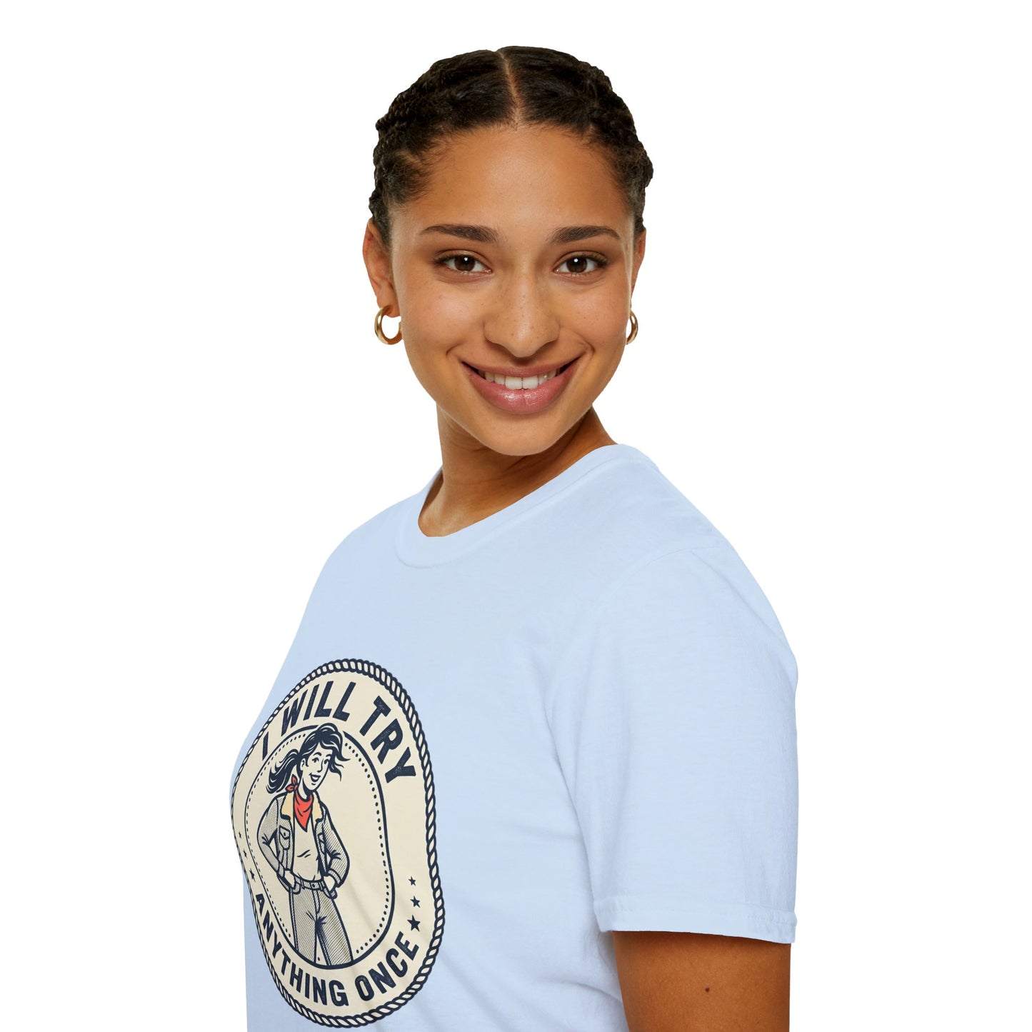 I Will Try Anything Once T-Shirt — Retro Adventurous Vintage Badge Tee
