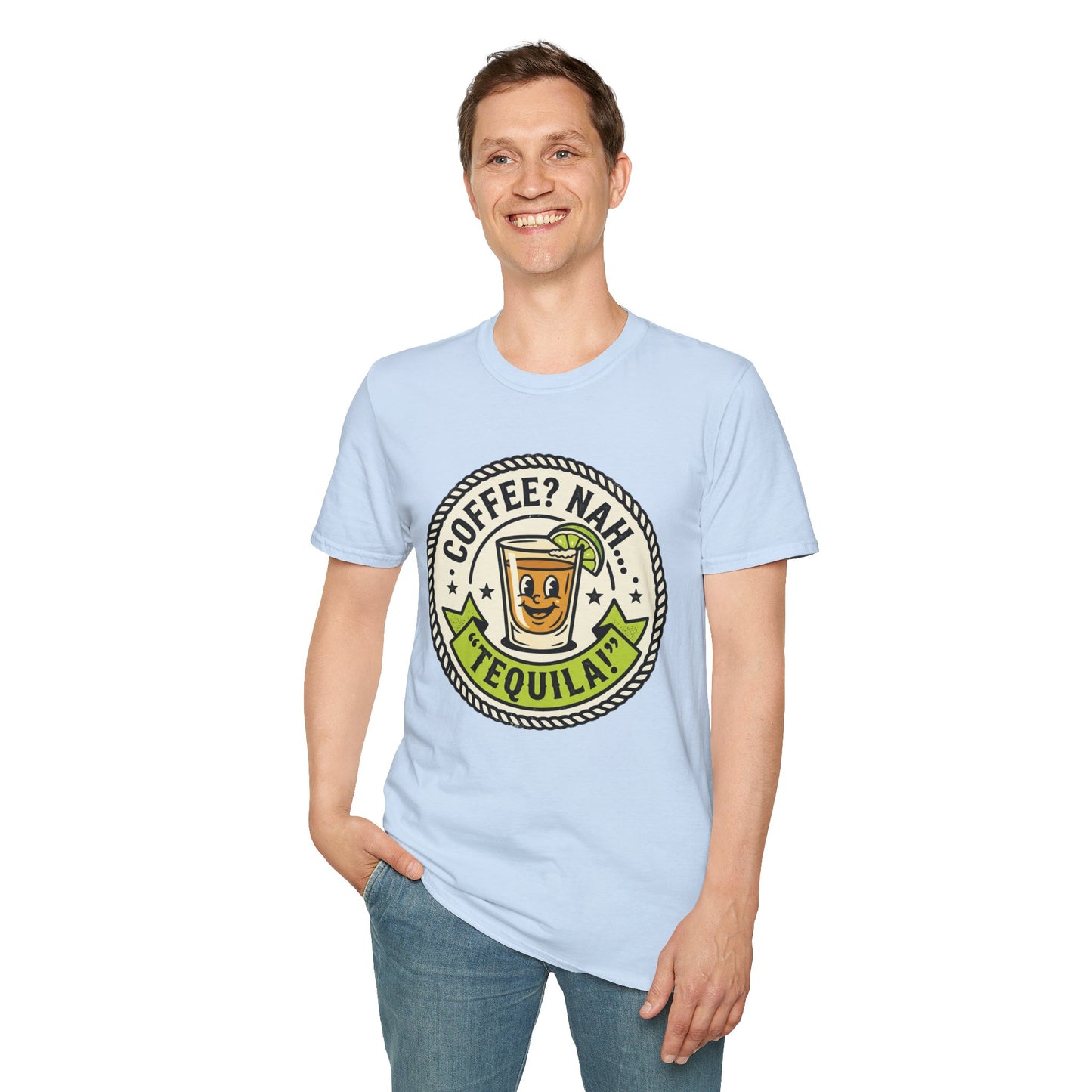 Coffee? Nah, Tequila! T-Shirt – Funny Shot Glass Graphic Tee for Party Lovers