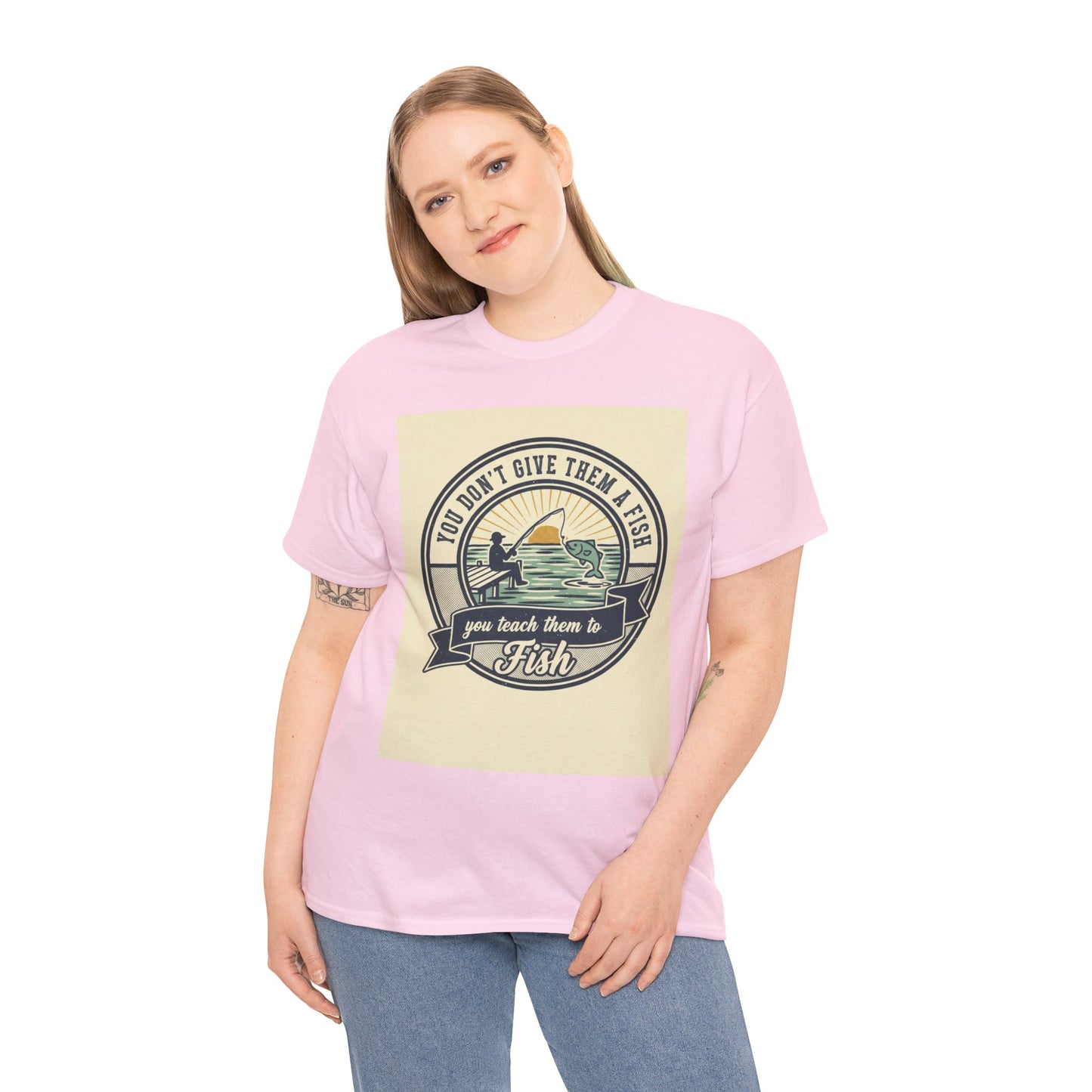 Fishing Vintage Badge T-Shirt — "You Don’t Give Them a Fish, You Teach Them to Fish" Graphic Tee
