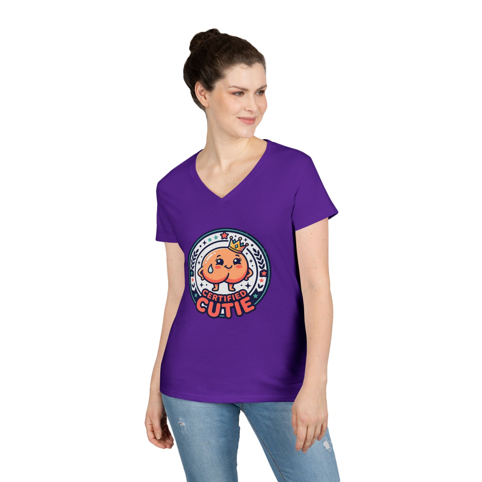 Certified Cutie V-Neck T-Shirt — Cute Cartoon Badge Graphic Tee for Women Printify
