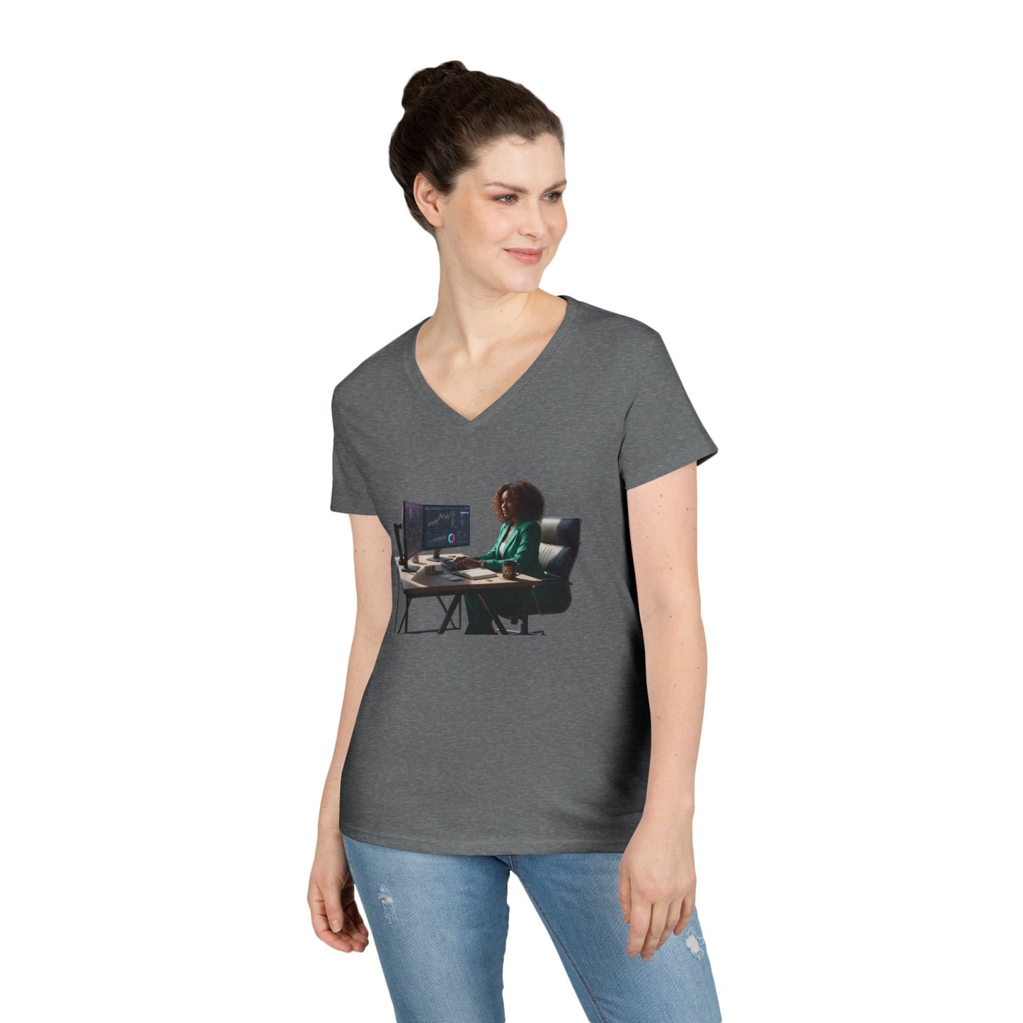 Programmer at Work V-Neck Tee — Female Coder Graphic Shirt
