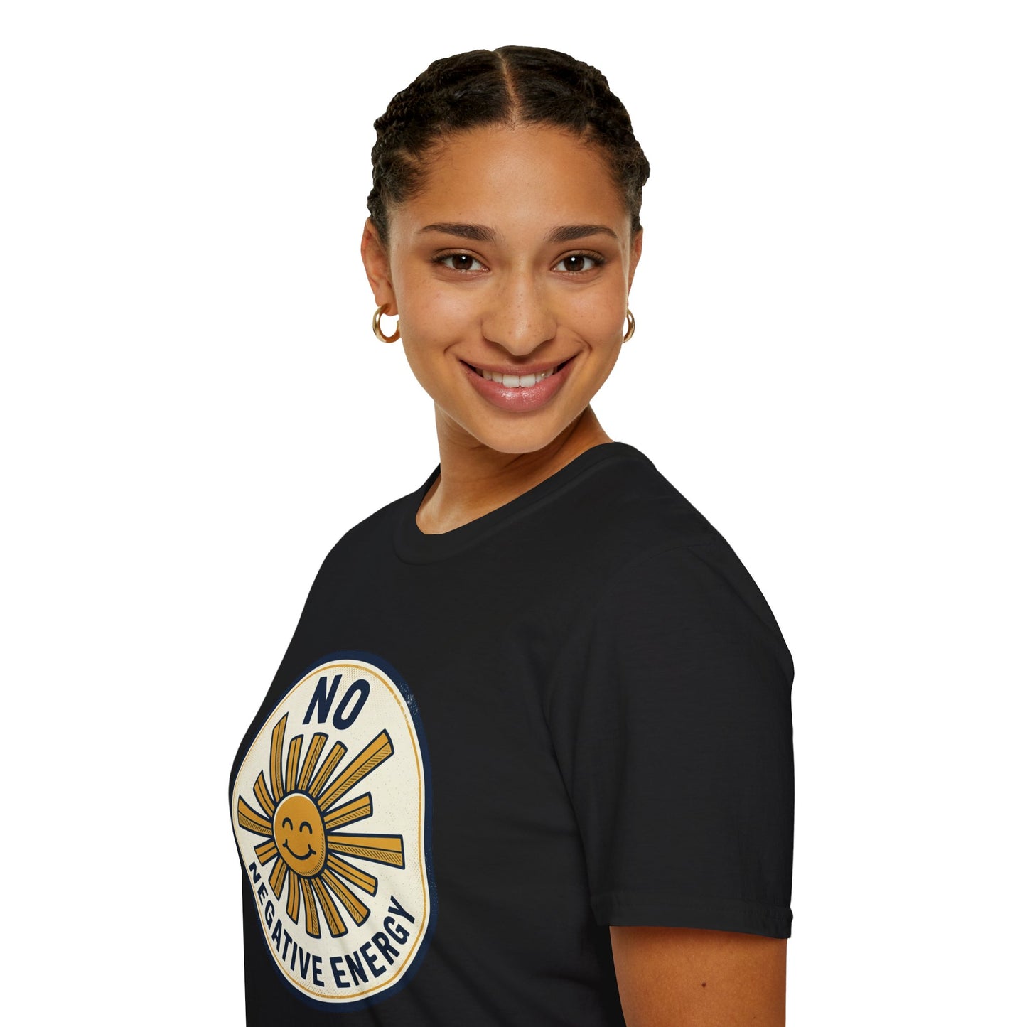 No Negative Energy T-Shirt — Retro Smiling Sun Positive Vibes Tee