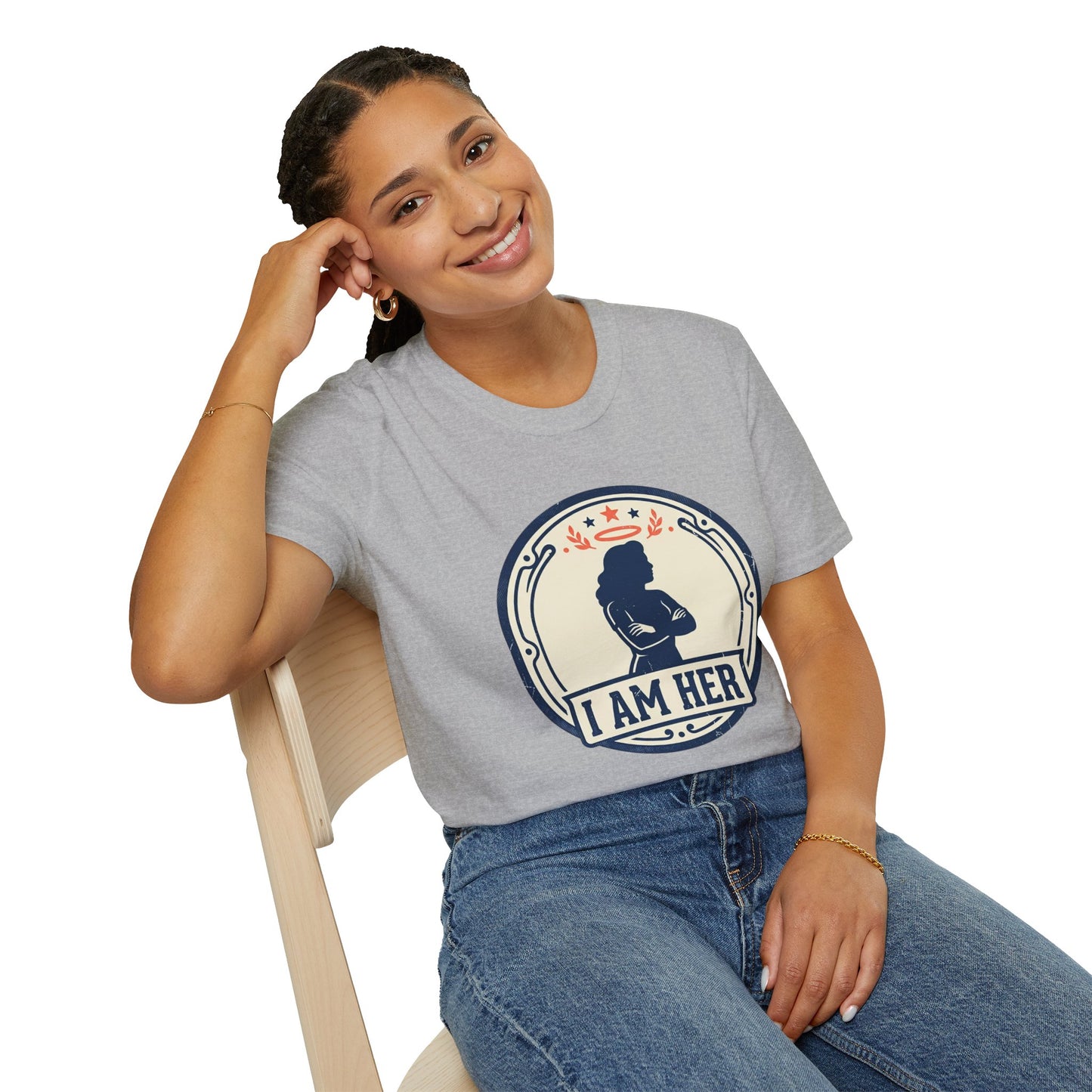 I Am Her Women’s T-Shirt — Empowering Mom & Woman Pride Vintage Badge Tee