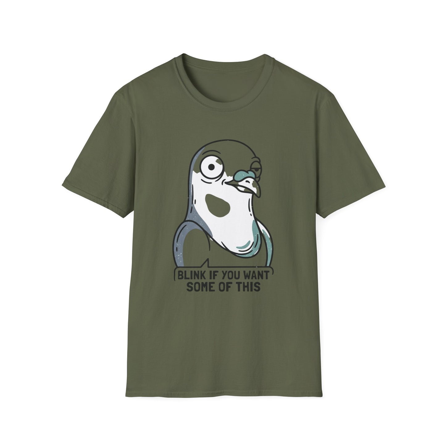 Pigeon Meme T‑Shirt — “Blink If You Want Some Of This” Funny Graphic Tee