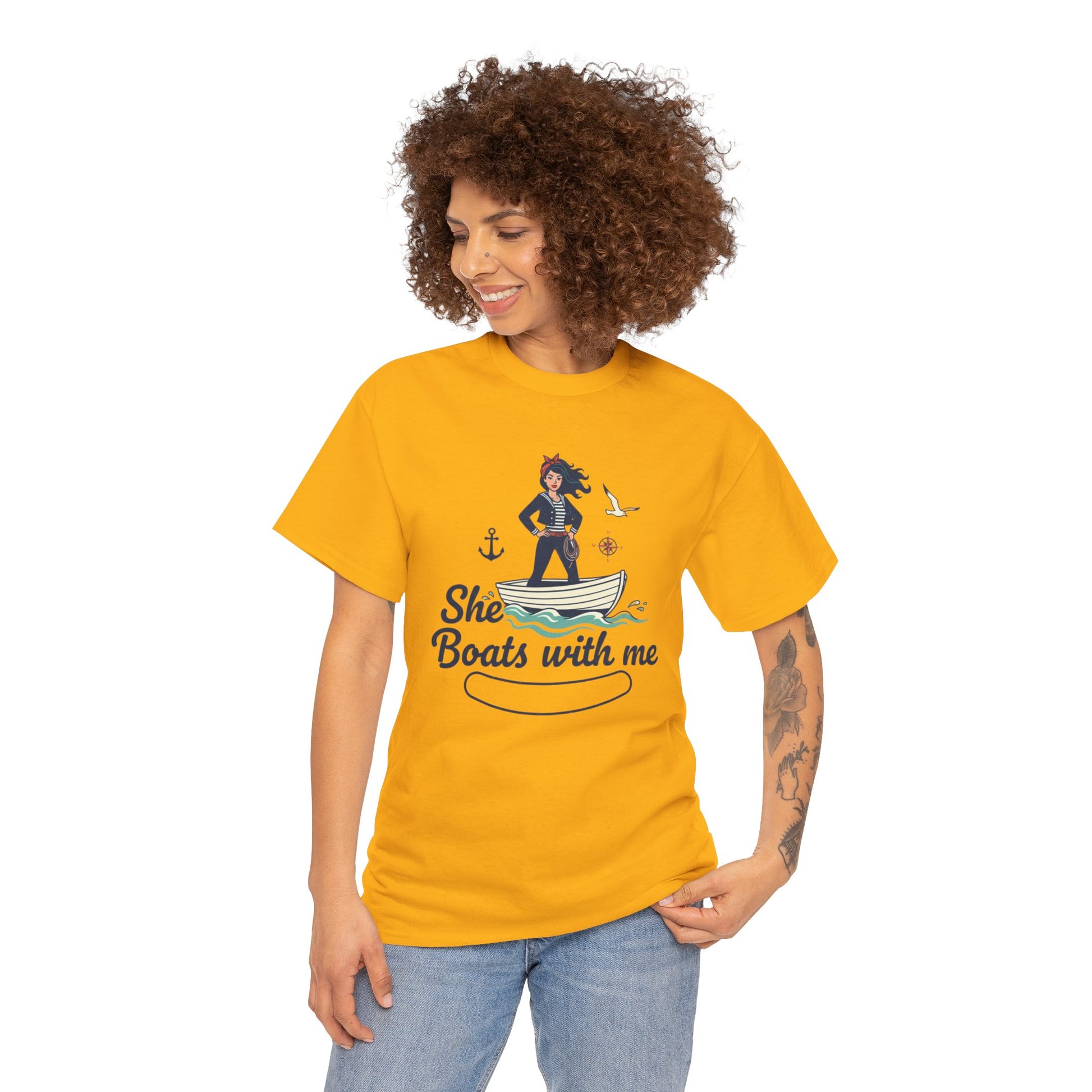 T-Shirt — "She Boats With Me" Nautical Couple Tee Printify