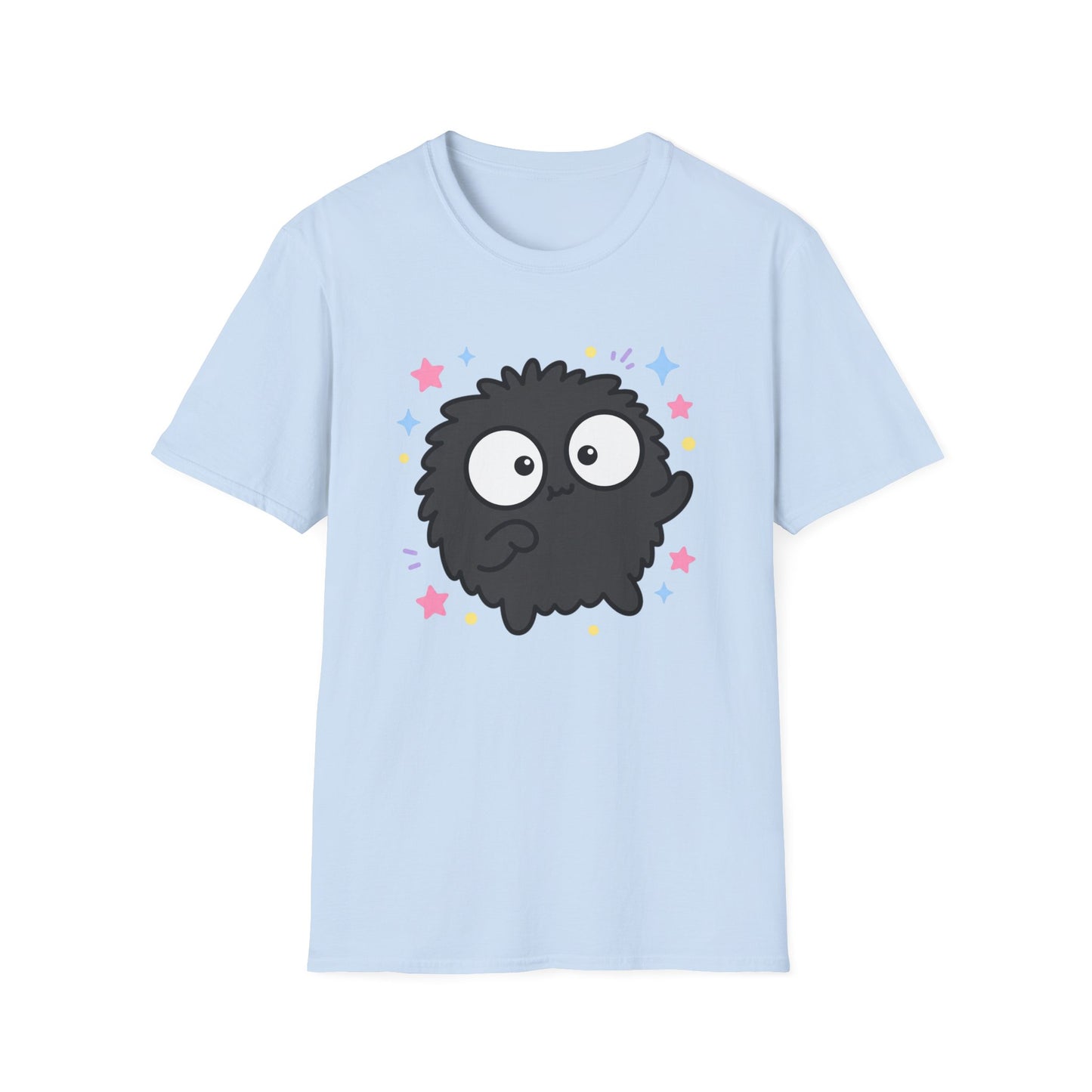 Cute Black Fuzzball T-Shirt — Kawaii Monster Tee with Stars