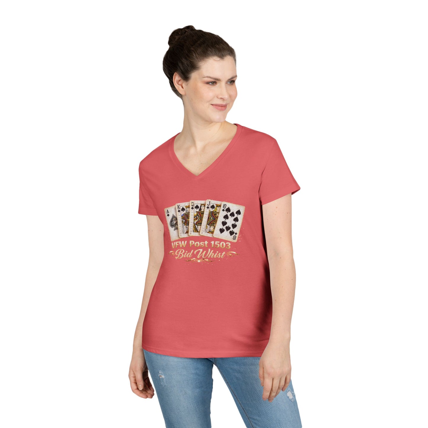 Ladies' V-Neck T-Shirt — Vintage Playing Cards "VFW Post 1503" Graphic Printify
