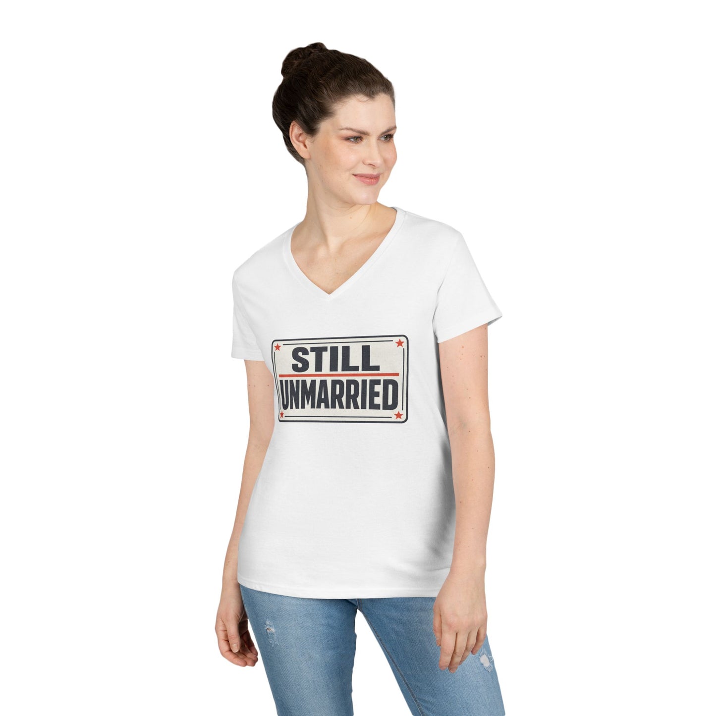 Still Unmarried V-Neck Tee — Funny Single Women T-Shirt