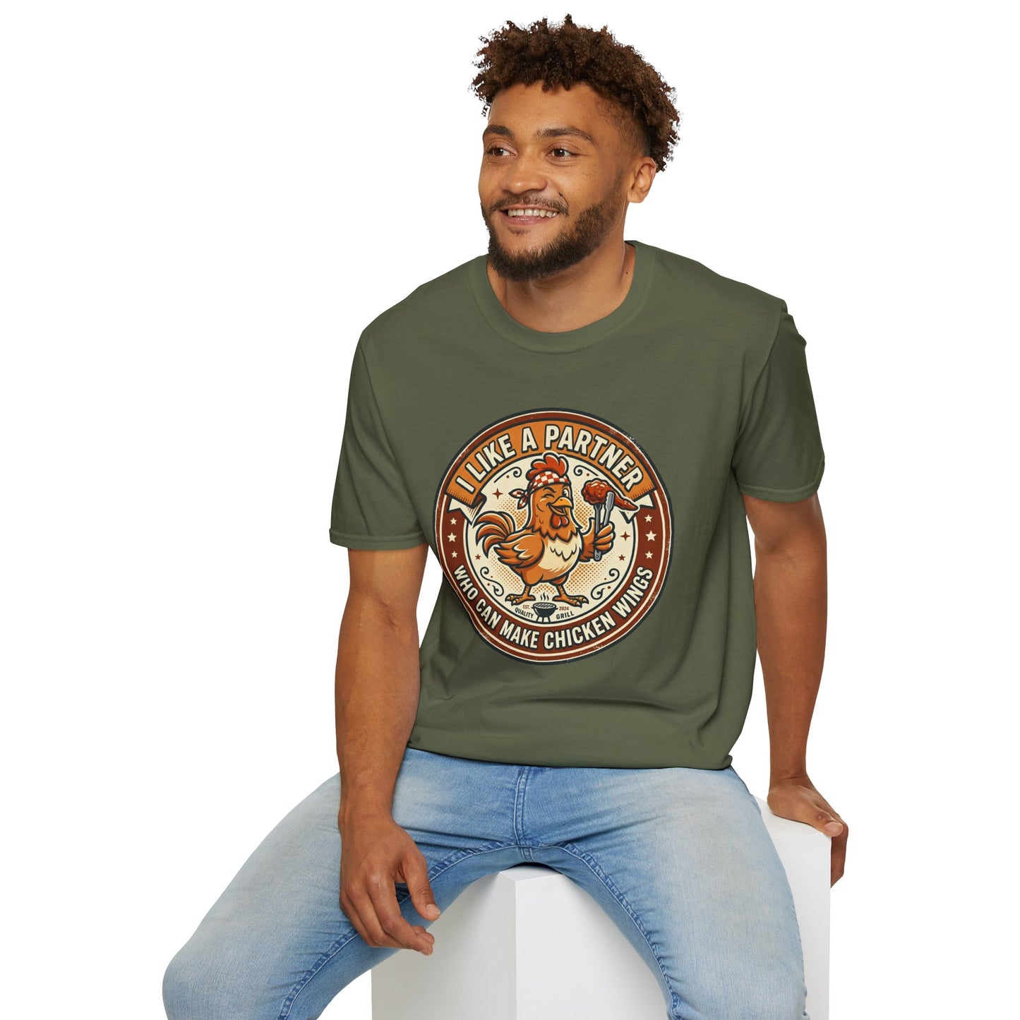 Funny Chicken Wings T-Shirt — "I Like A Partner Who Can Make Chicken Wings" Crew Tee